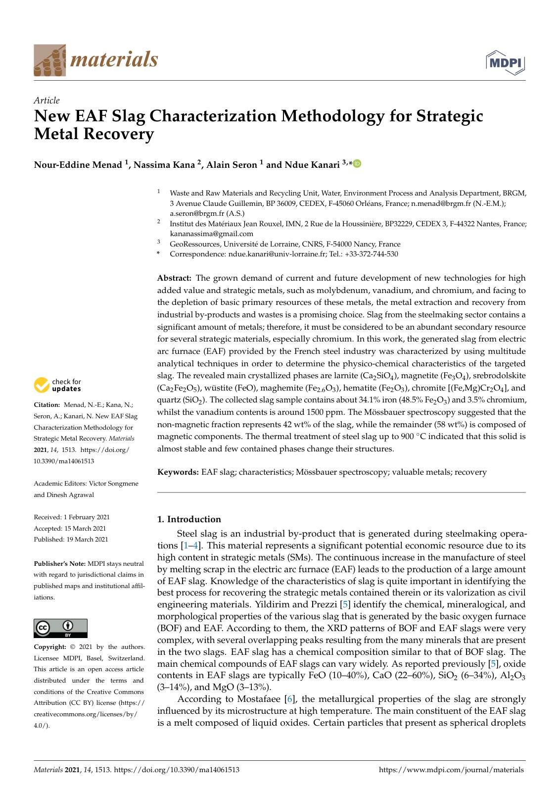 First page of New EAF Slag Characterization Methodology for Strategic Metal Recovery