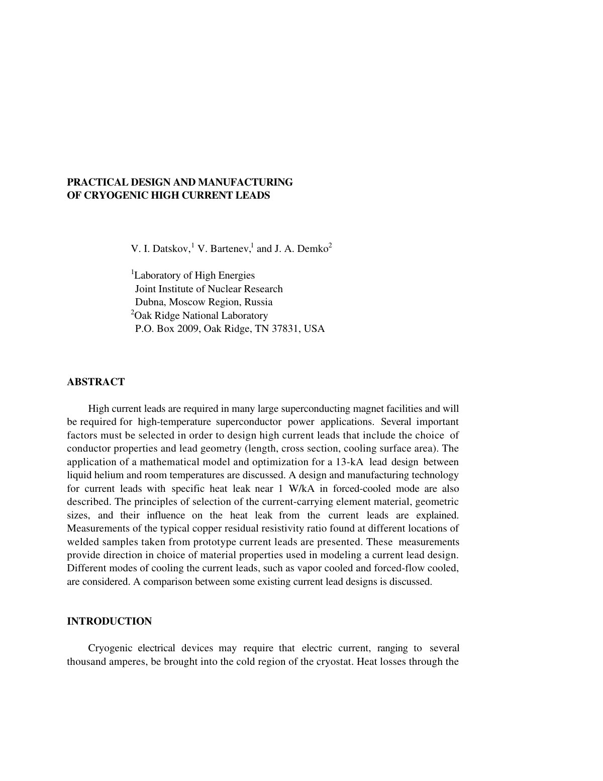 First page of PRACTICAL DESIGN AND MANUFACTURING OF CRYOGENIC HIGH CURRENT LEADS