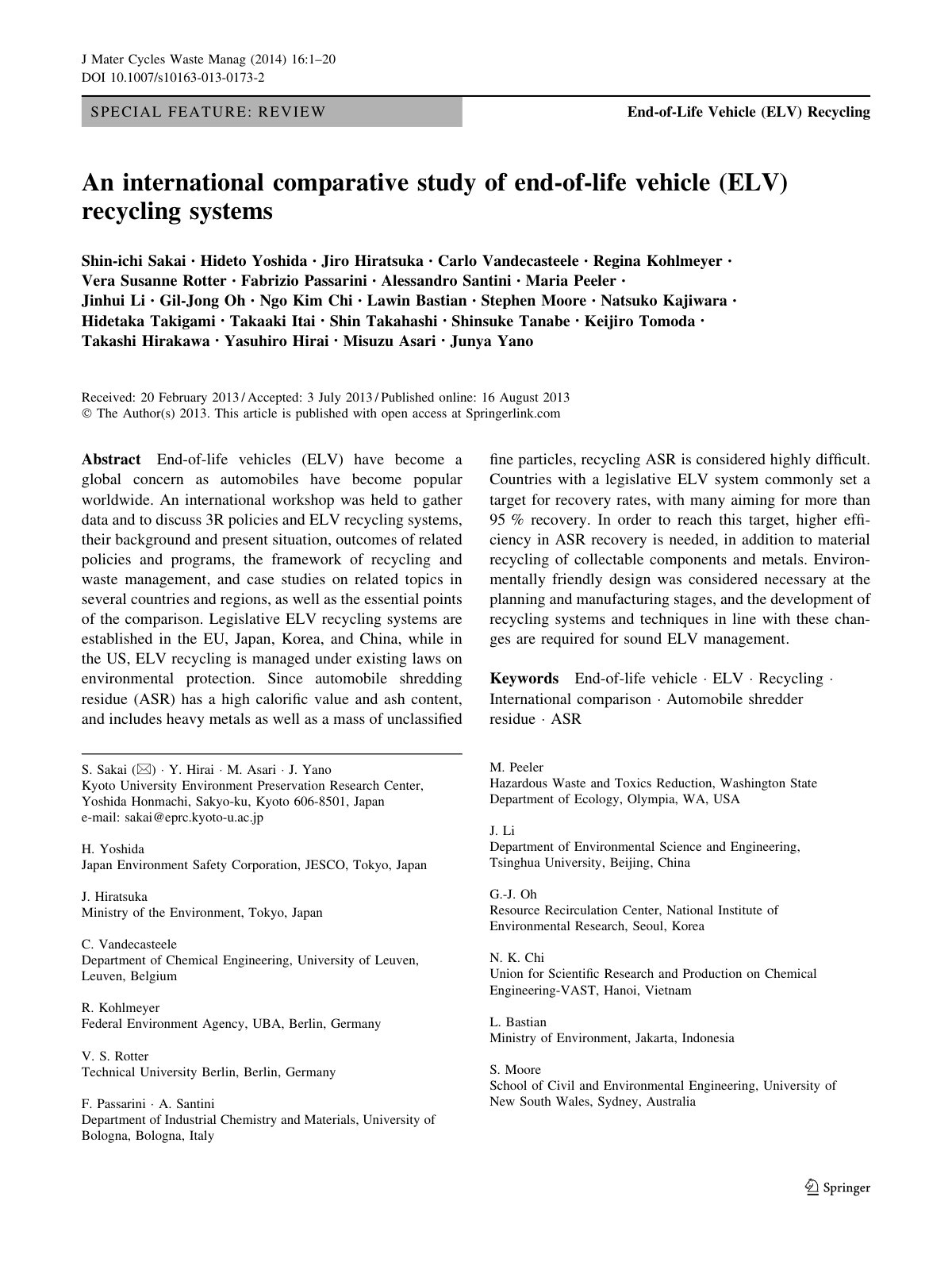 First page of End-of-Life Vehicle (ELV) Recycling: An international comparative study of end-of-life vehicle (ELV) recycling systems