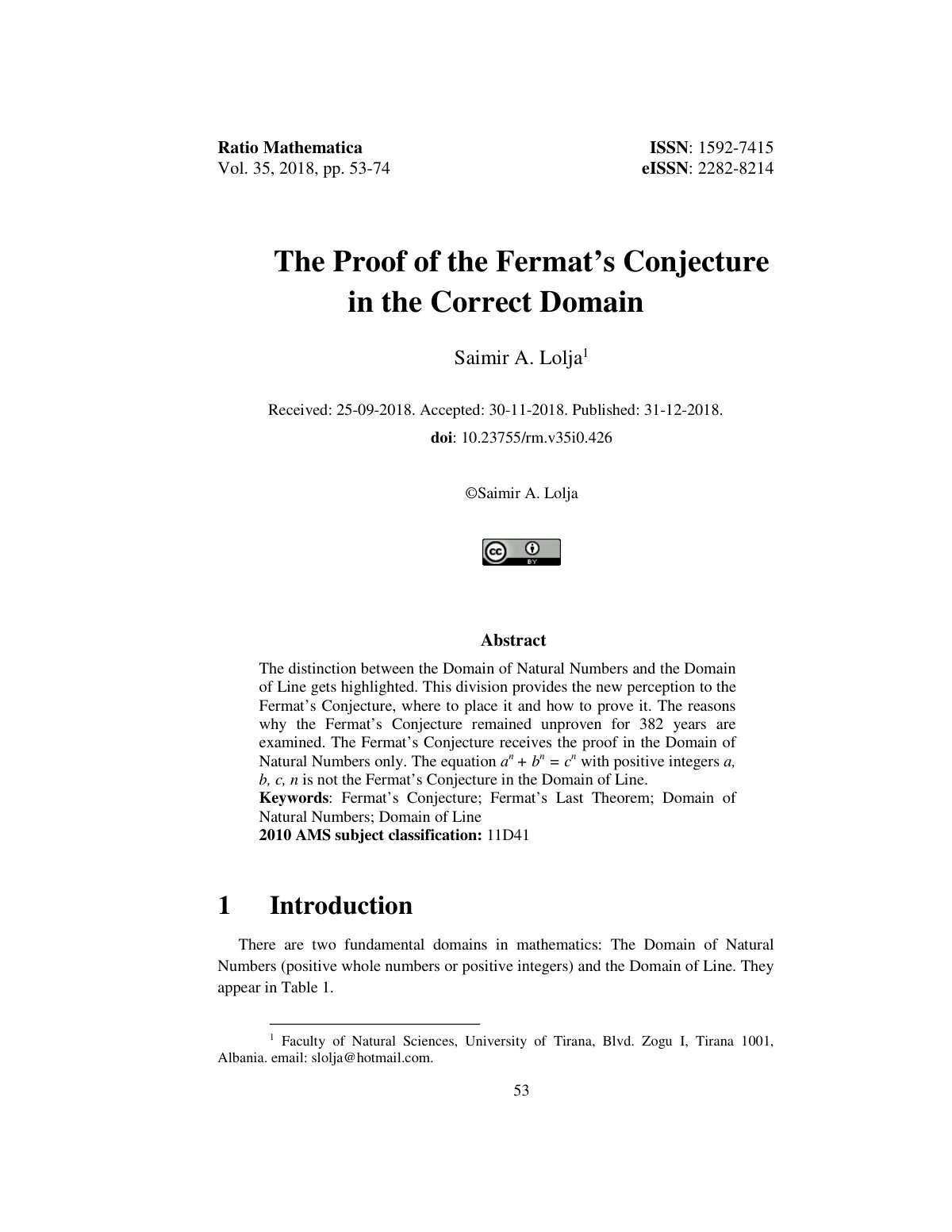 First page of The proof of the Fermats Conjecture in t