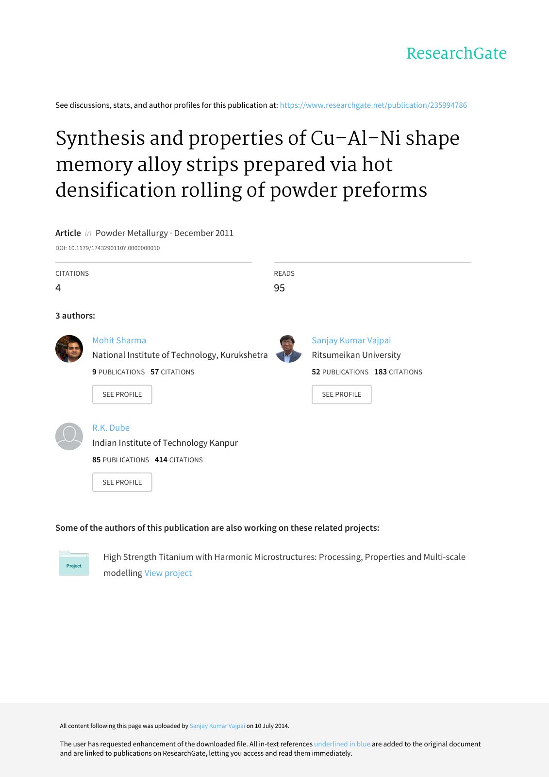 First page of Synthesis and properties of Cu–Al–Ni shape memory alloy strips prepared via hot densification rolling of powder preforms