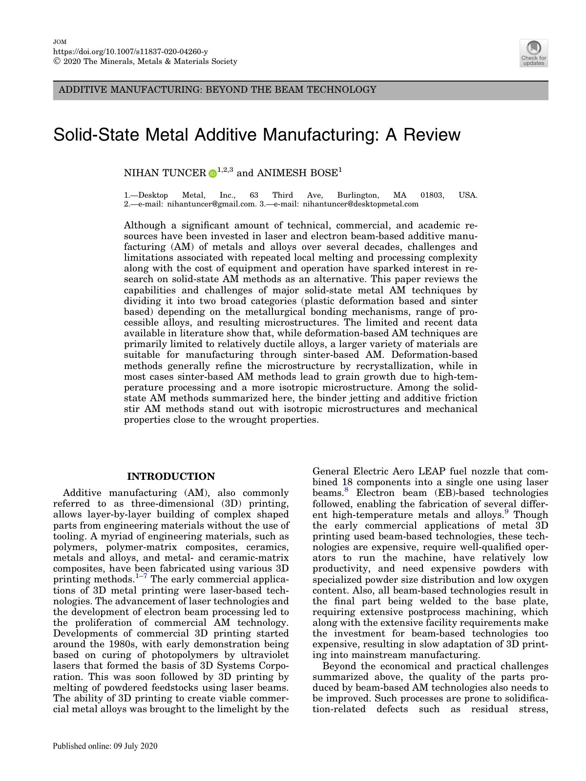 First page of Solid-State Metal Additive Manufacturing: A Review