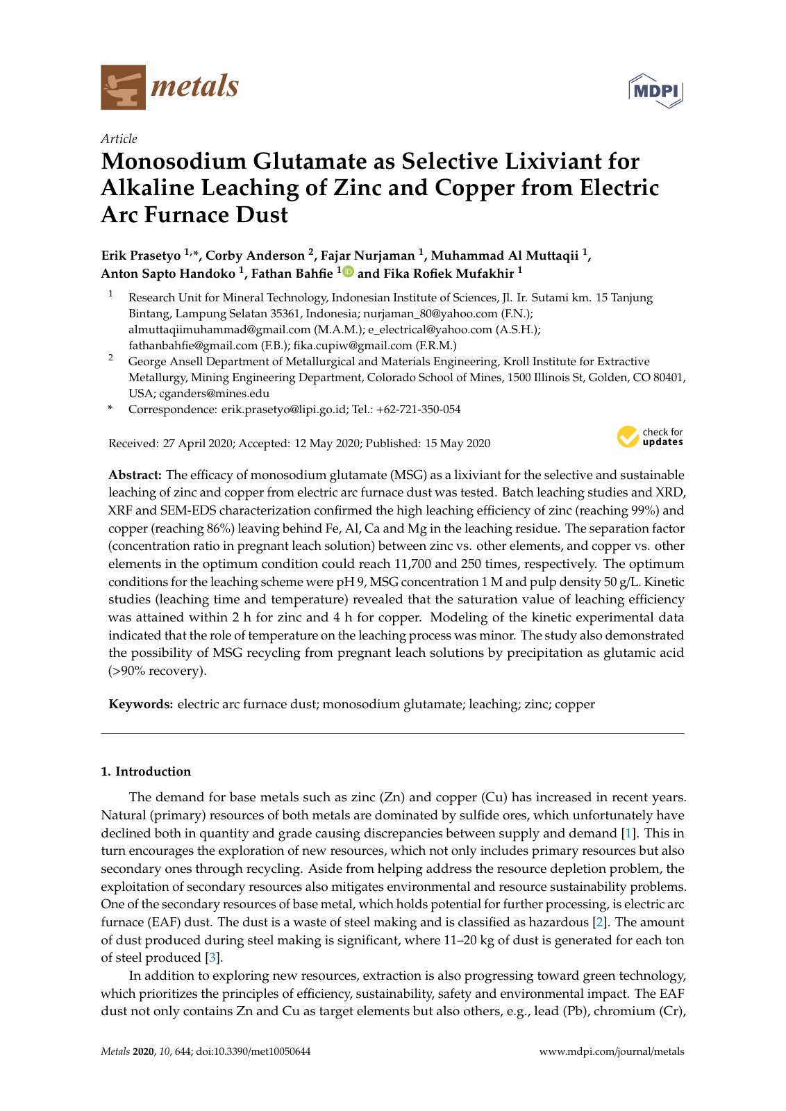 First page of Monosodium Glutamate as Selective Lixiviant for Alkaline Leaching of Zinc and Copper from Electric Arc Furnace Dust