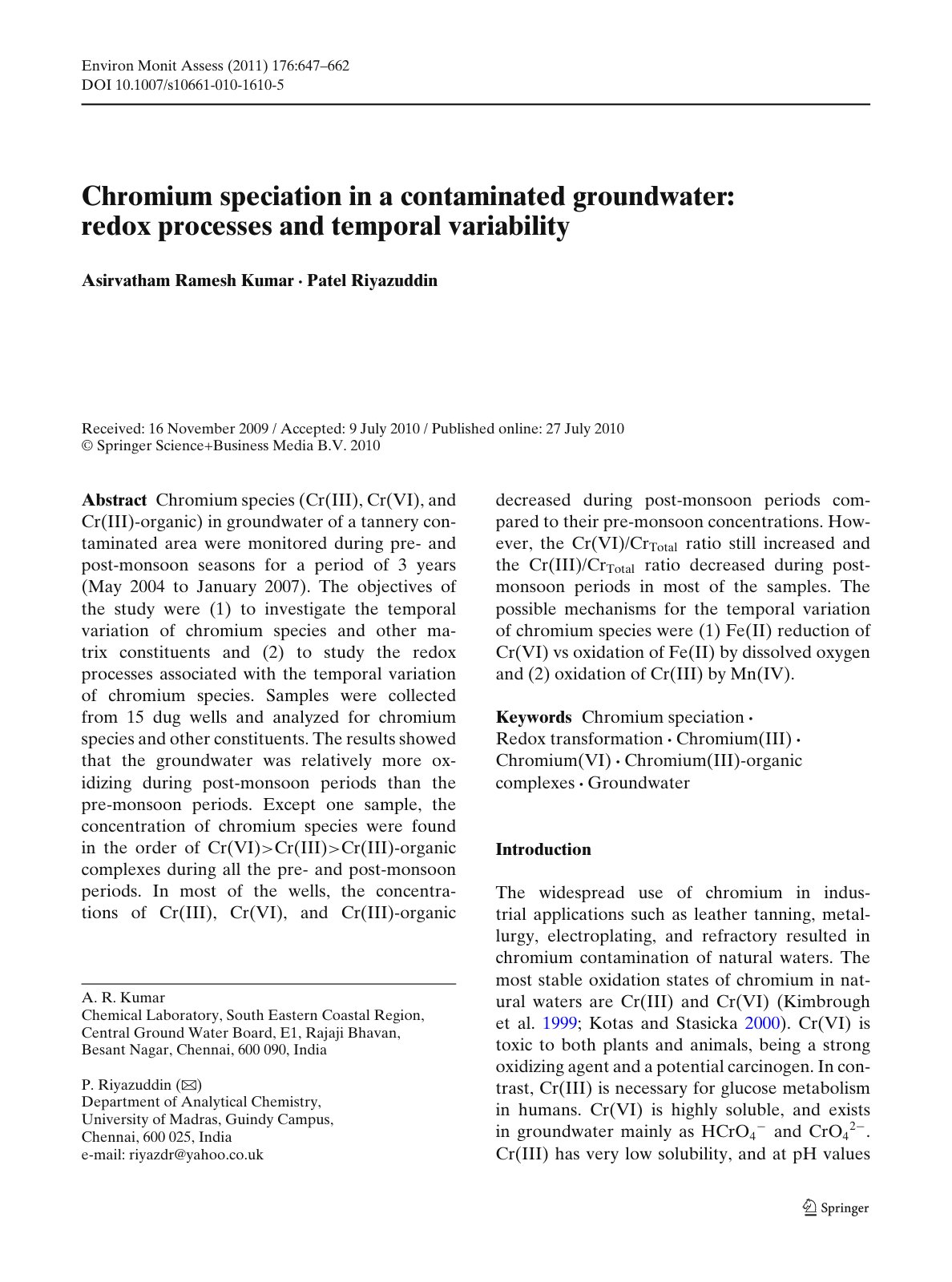 First page of Chromium speciation in a contaminated groundwater: redox processes and temporal variability