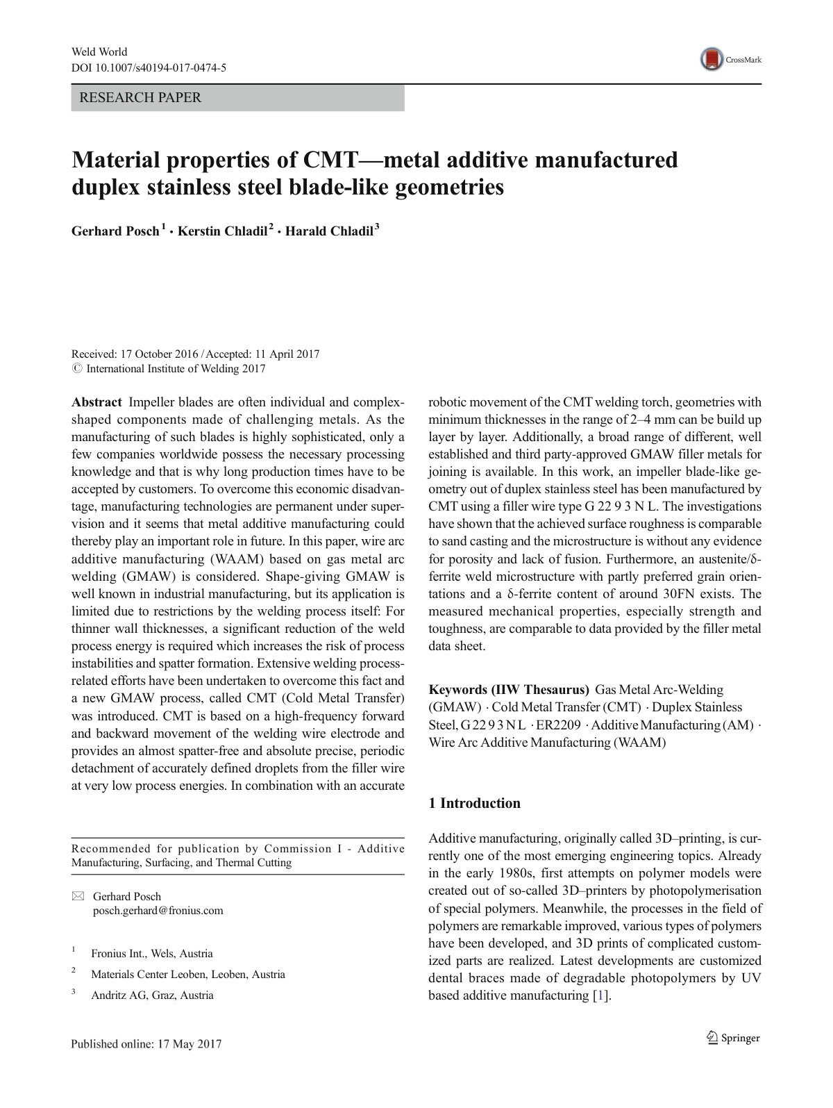 First page of Material properties of CMT—metal additive manufactured duplex stainless steel blade-like geometries