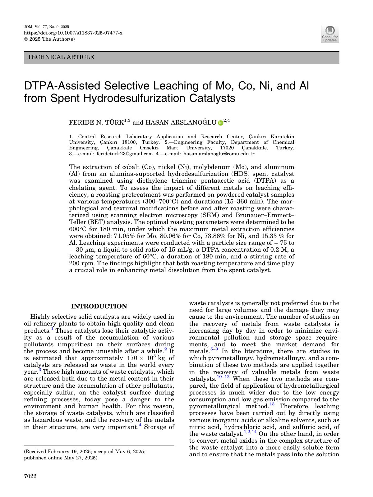 First page of 2025   Turk   DTPA Selective Leaching of Spent Catalysts