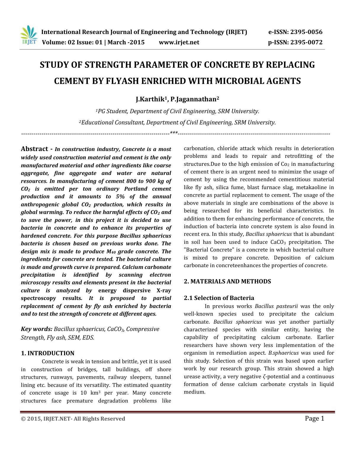 First page of STUDY OF STRENGTH PARAMETER OF CONCRETE BY REPLACING CEMENT BY FLYASH ENRICHED WITH MICROBIAL AGENTS