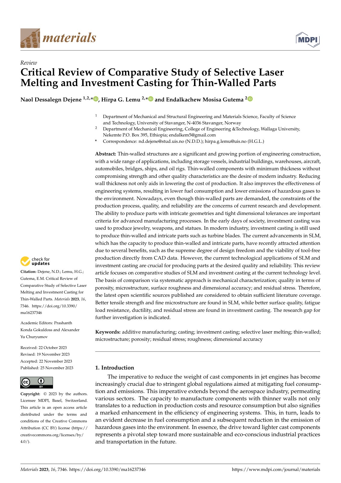 First page of Critical Review of Comparative Study of Selective Laser Melting and Investment Casting for Thin-Walled Parts