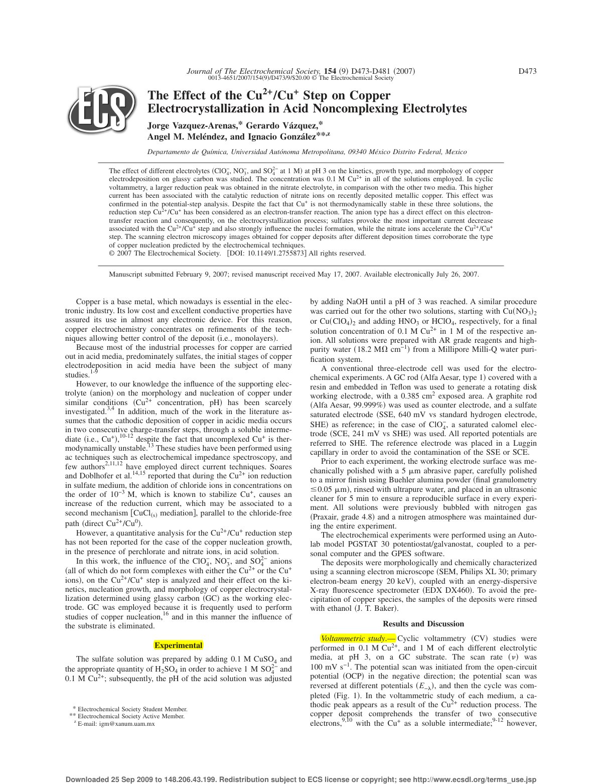 First page of The Effect of the Cu 2+ /Cu+ Step on Copper Electrocrystallization in Acid Noncomplexing Electrolytes
