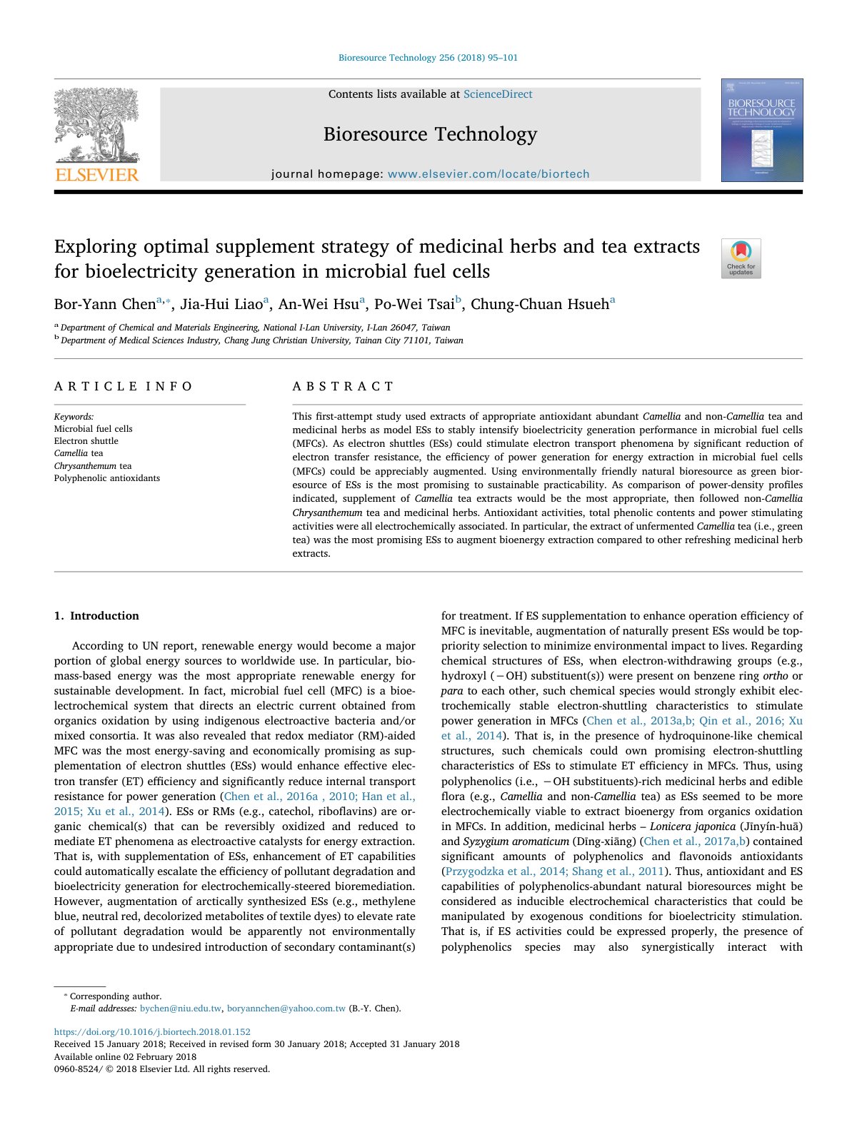 First page of Exploring optimal supplement strategy of medicinal herbs and tea extracts for bioelectricity generation in microbial fuel cells