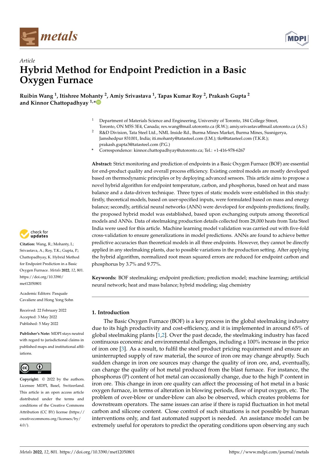 First page of Hybrid Method for Endpoint Prediction in a Basic Oxygen Furnace