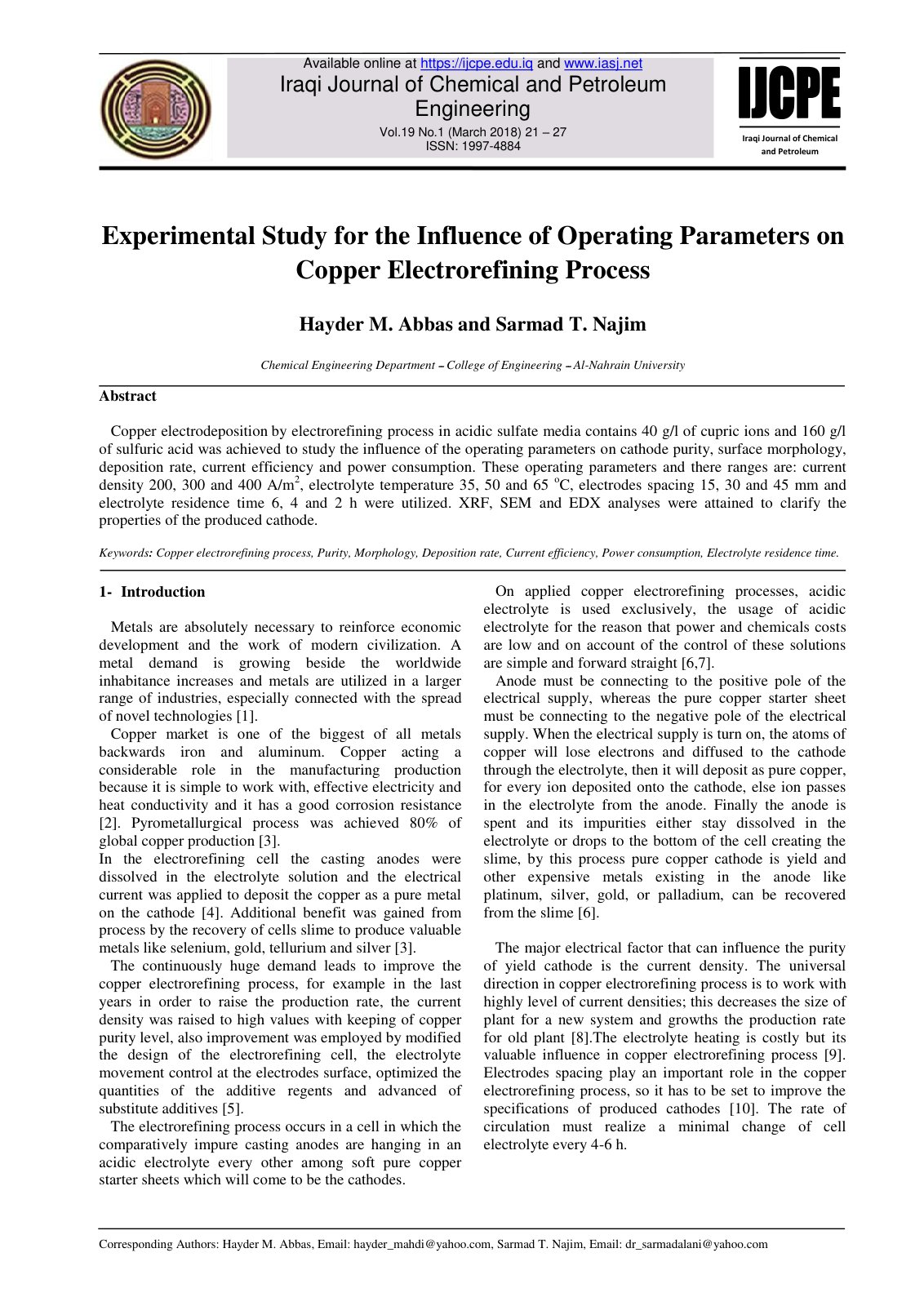 First page of Experimental Study for the Influence of Operating Parameters on Copper Electrorefining Process