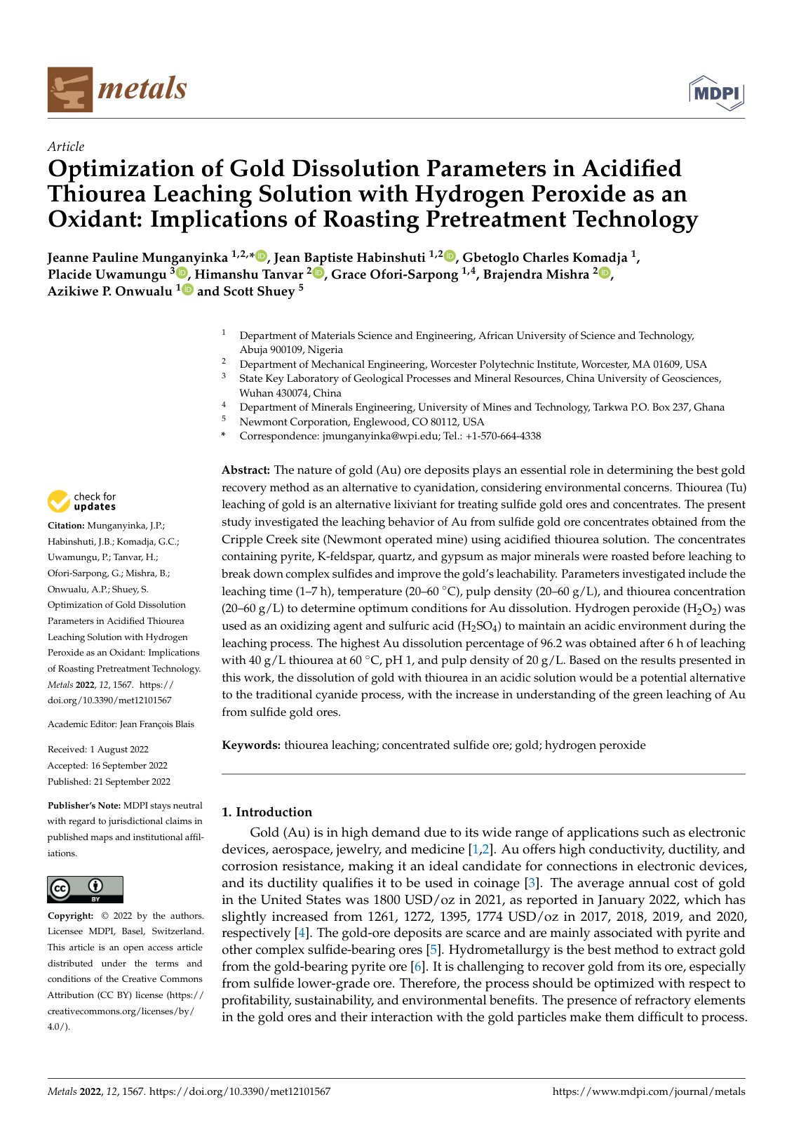 First page of Optimization of Gold Dissolution Parameters in Acidiﬁed Thiourea Leaching Solution with Hydrogen Peroxide as an Oxidant: Implications of Roasting Pretreatment Technology