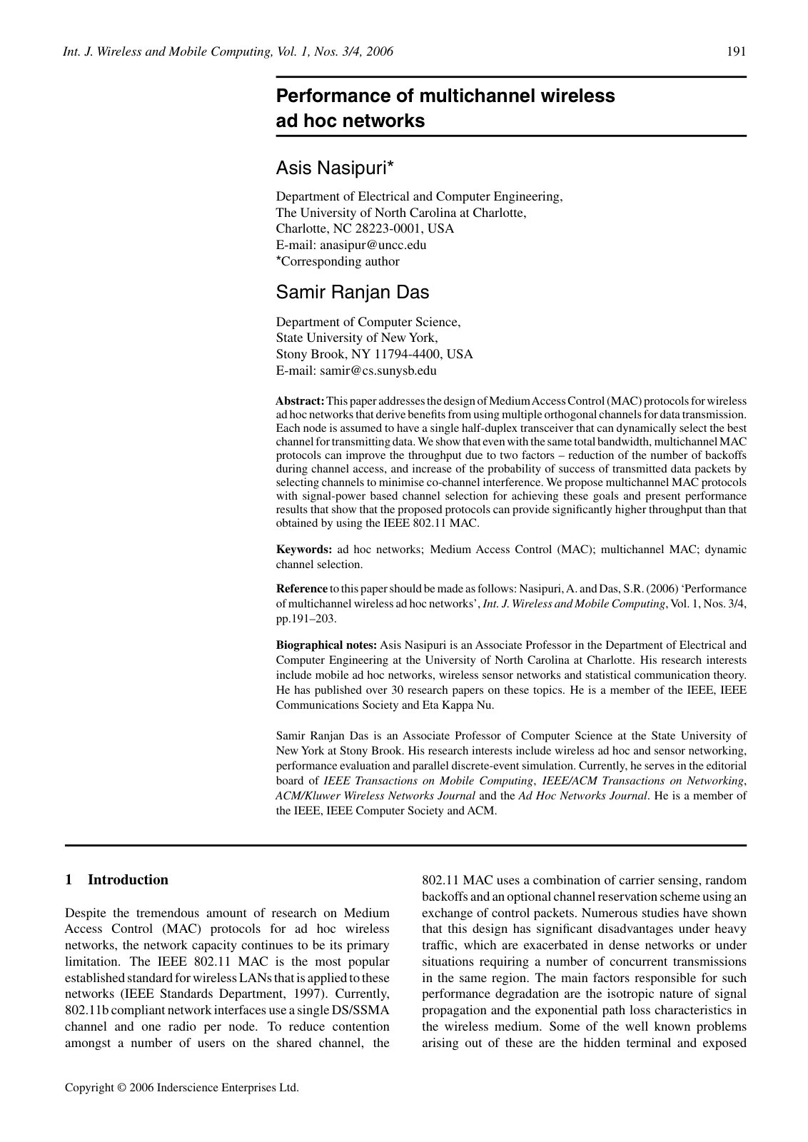 First page of Performance of multichannel wireless ad