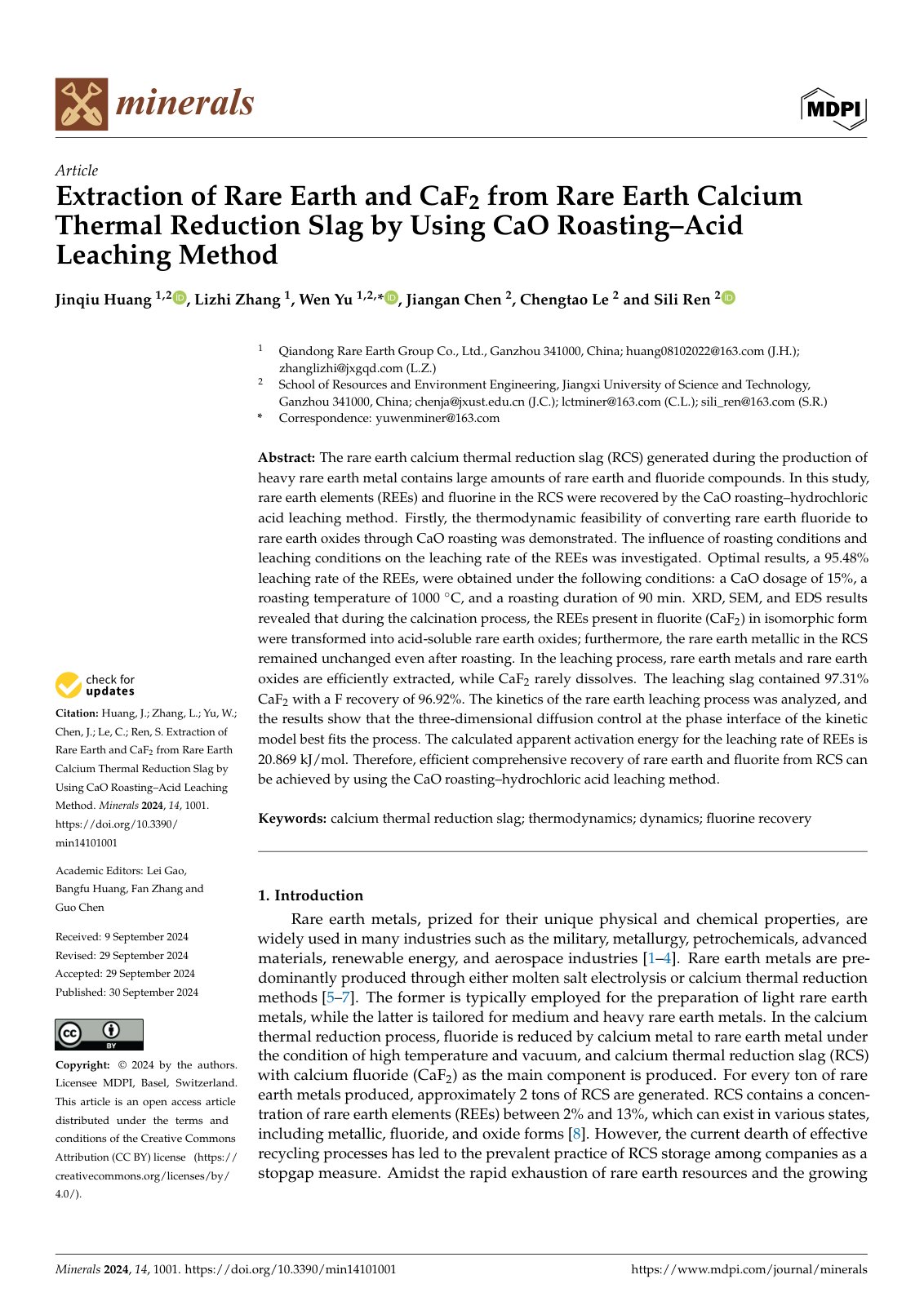 First page of 2024   Huang   Rare earth recovery from calcium reduction slag