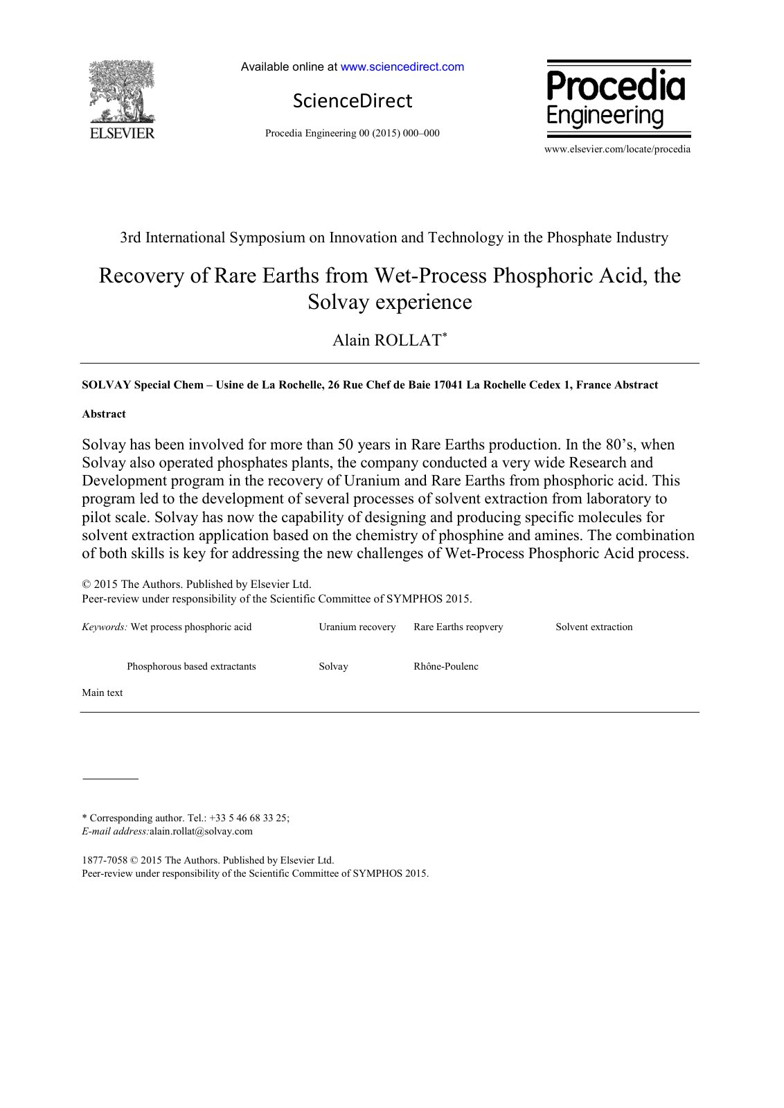 First page of Recovery of Rare Earths from Wet Process