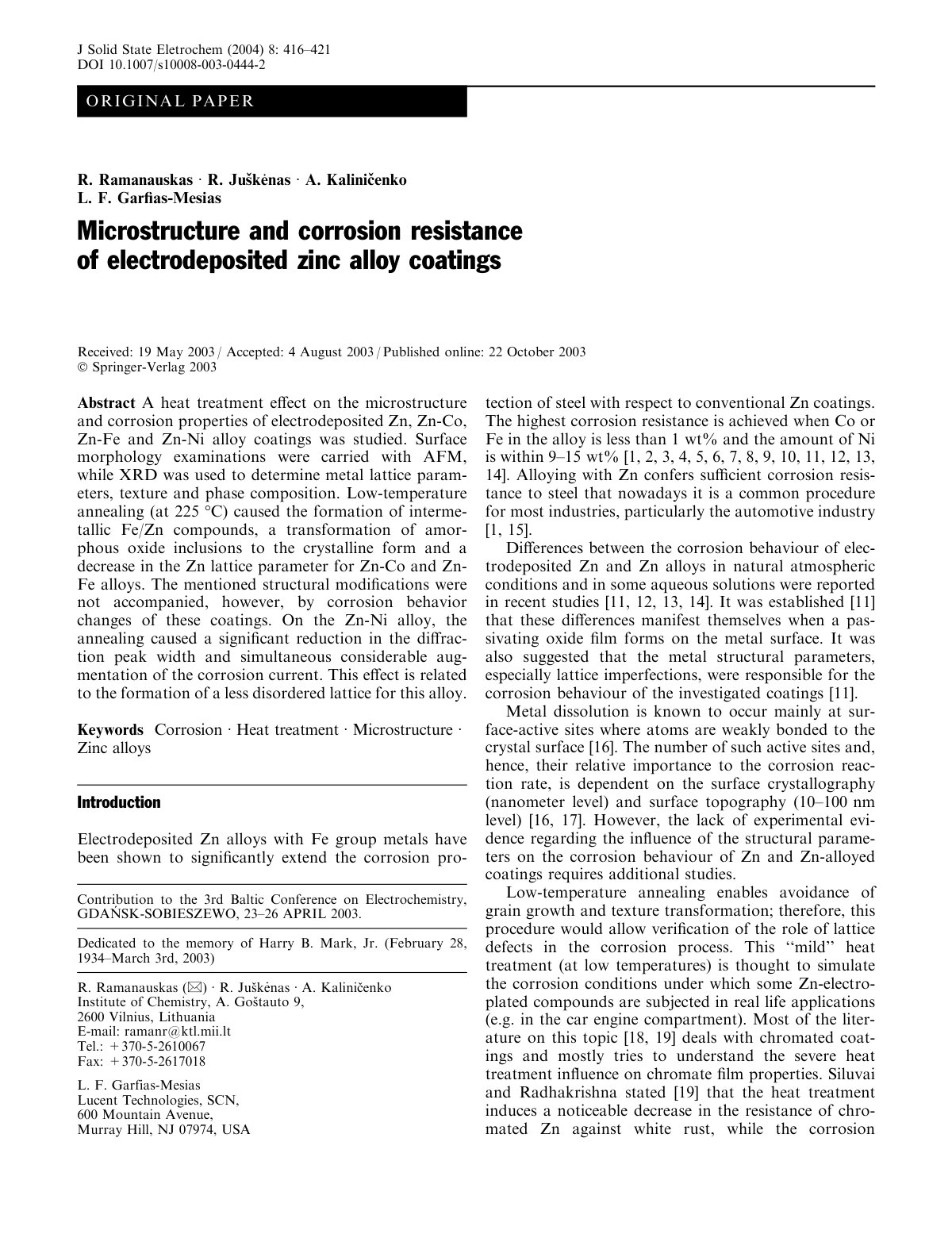 First page of Microstructure and corrosion resistance of electrodeposited zinc alloy coatings