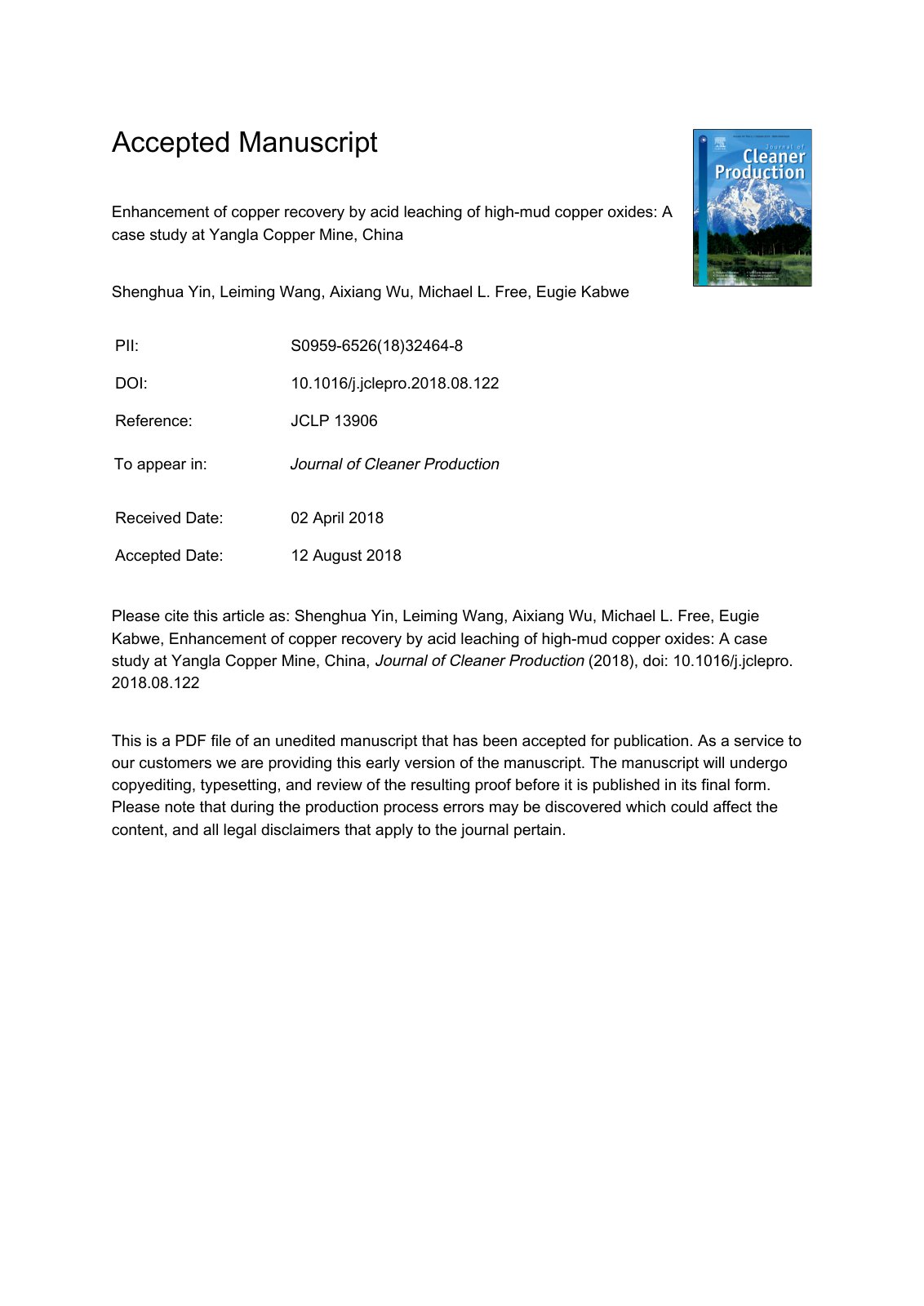 First page of Enhancement of copper recovery by acid leaching of high-mud copper oxides: A case study at Yangla Copper Mine, China