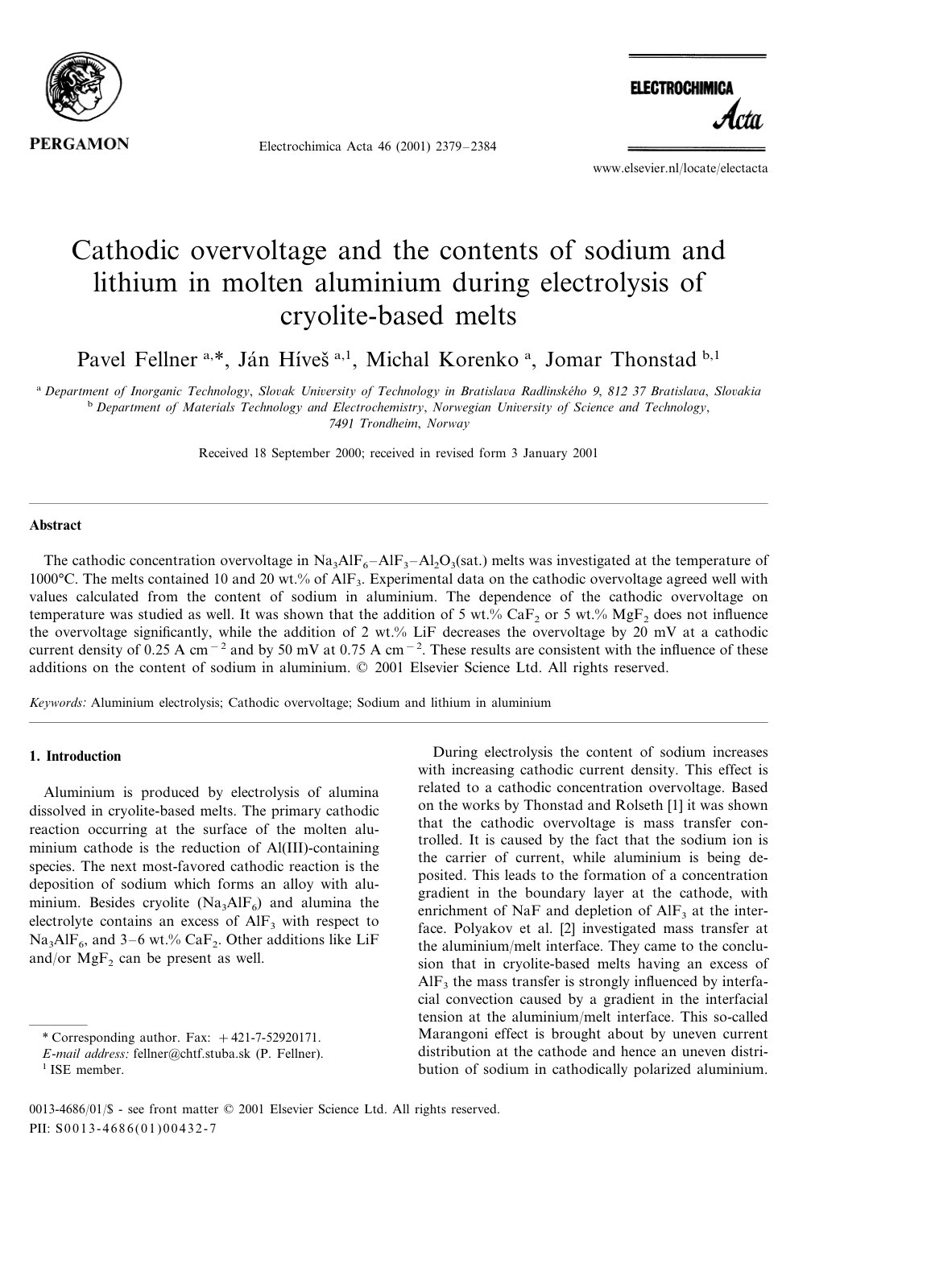 First page of Cathodic overvoltage and the contents of