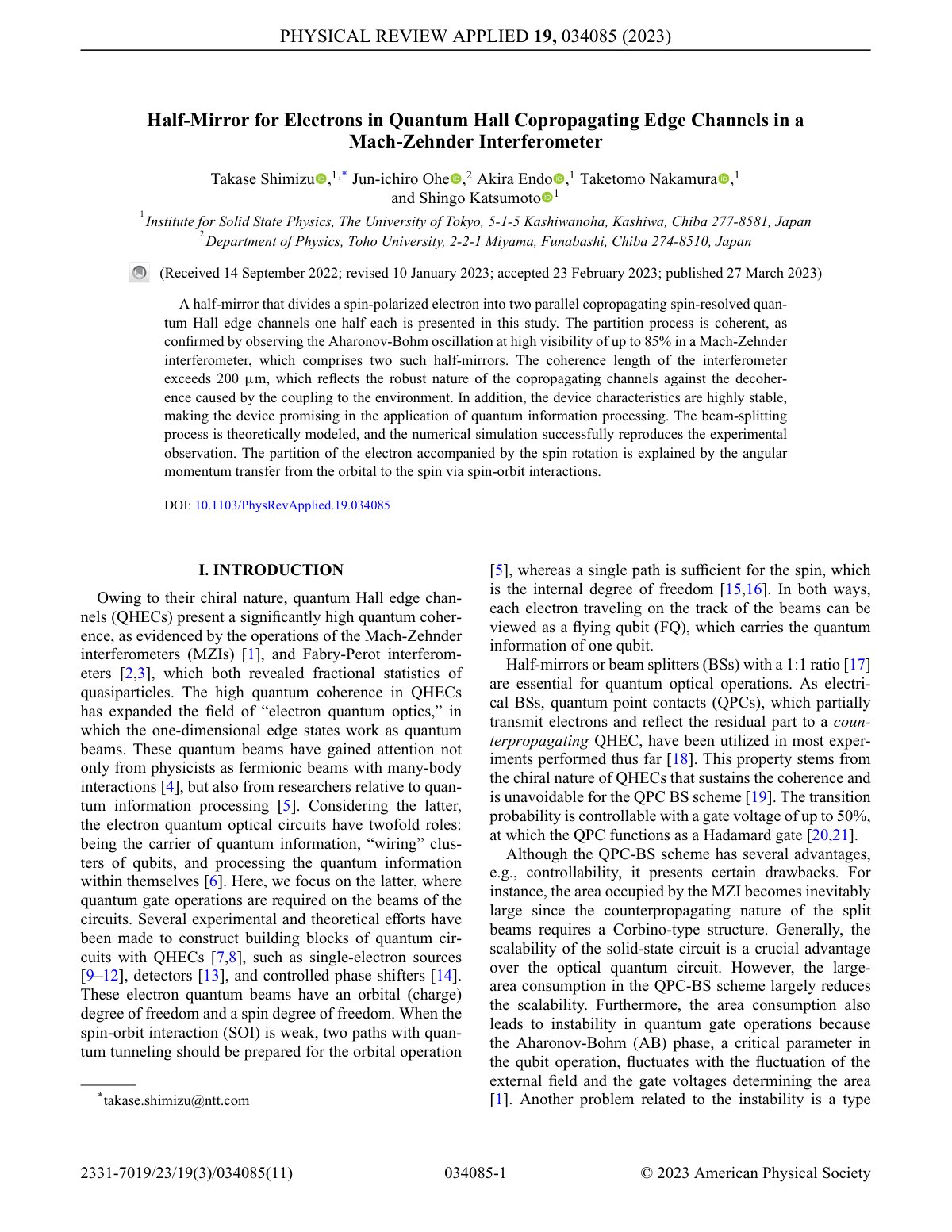 First page of Half-Mirror for Electrons in Quantum Hall Copropagating Edge Channels in a Mach-Zehnder Interferometer
