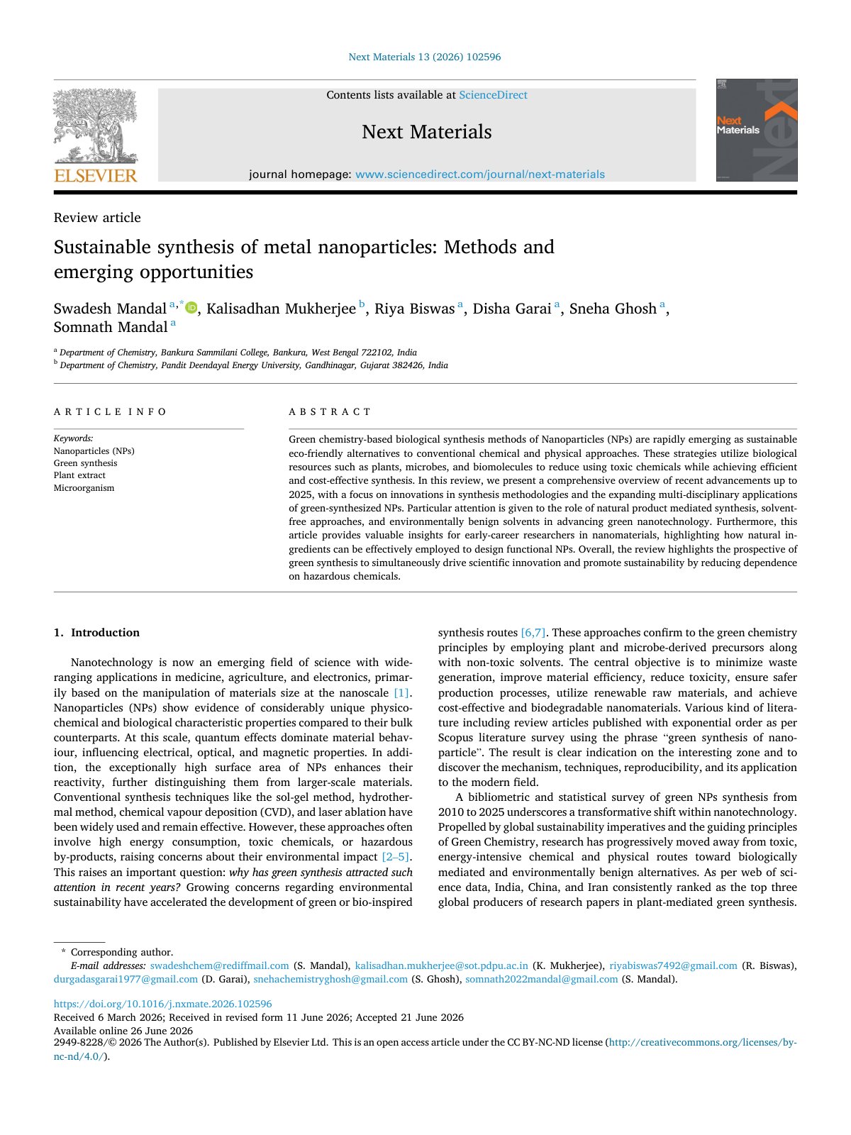 First page of Sustainable synthesis of metal nanoparticles  Methods and em 2026 Next Mater