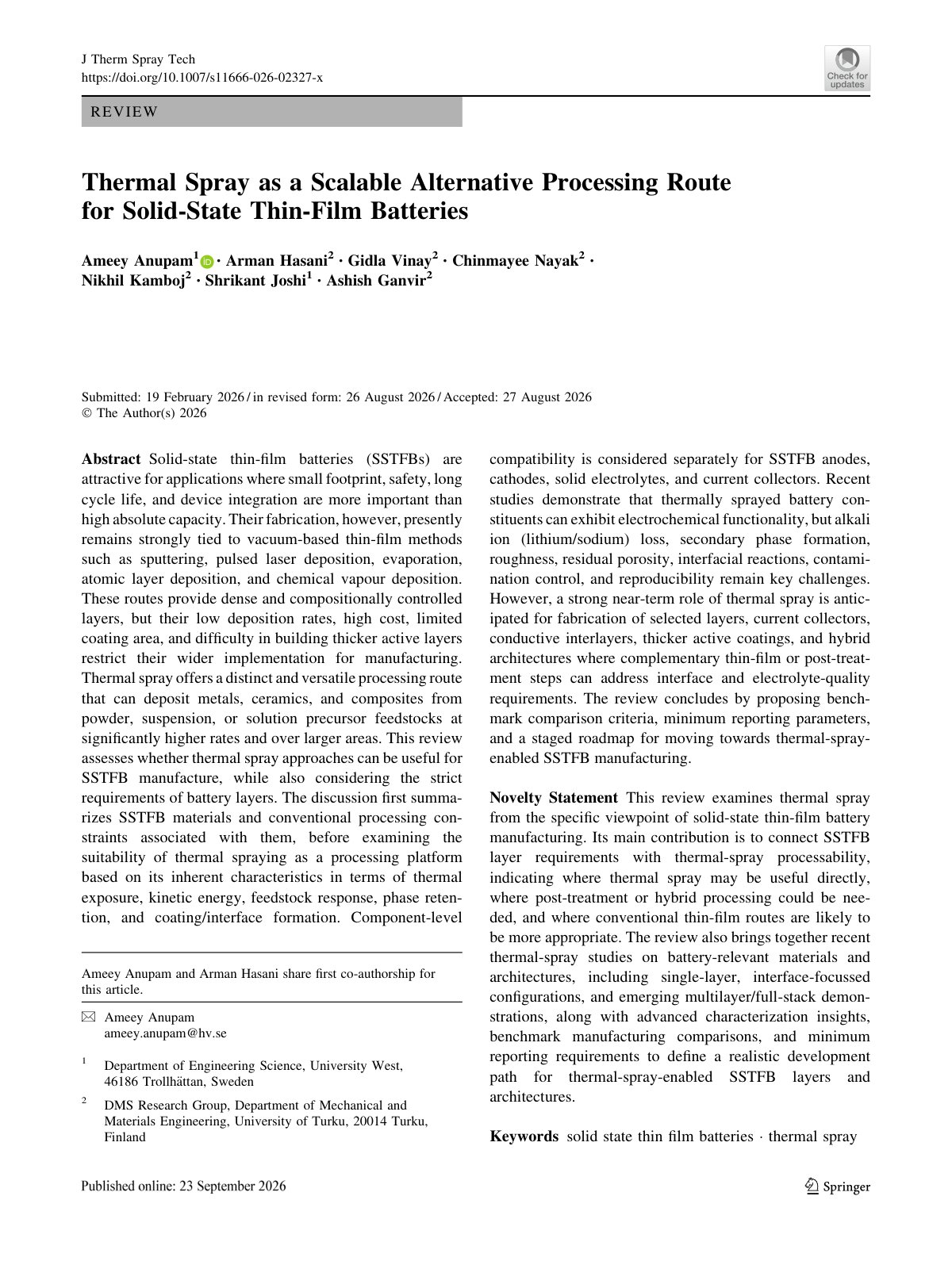 First page of Thermal Spray as a Scalable Alternative Processing Route for Solid-State Thin-Film Batteries