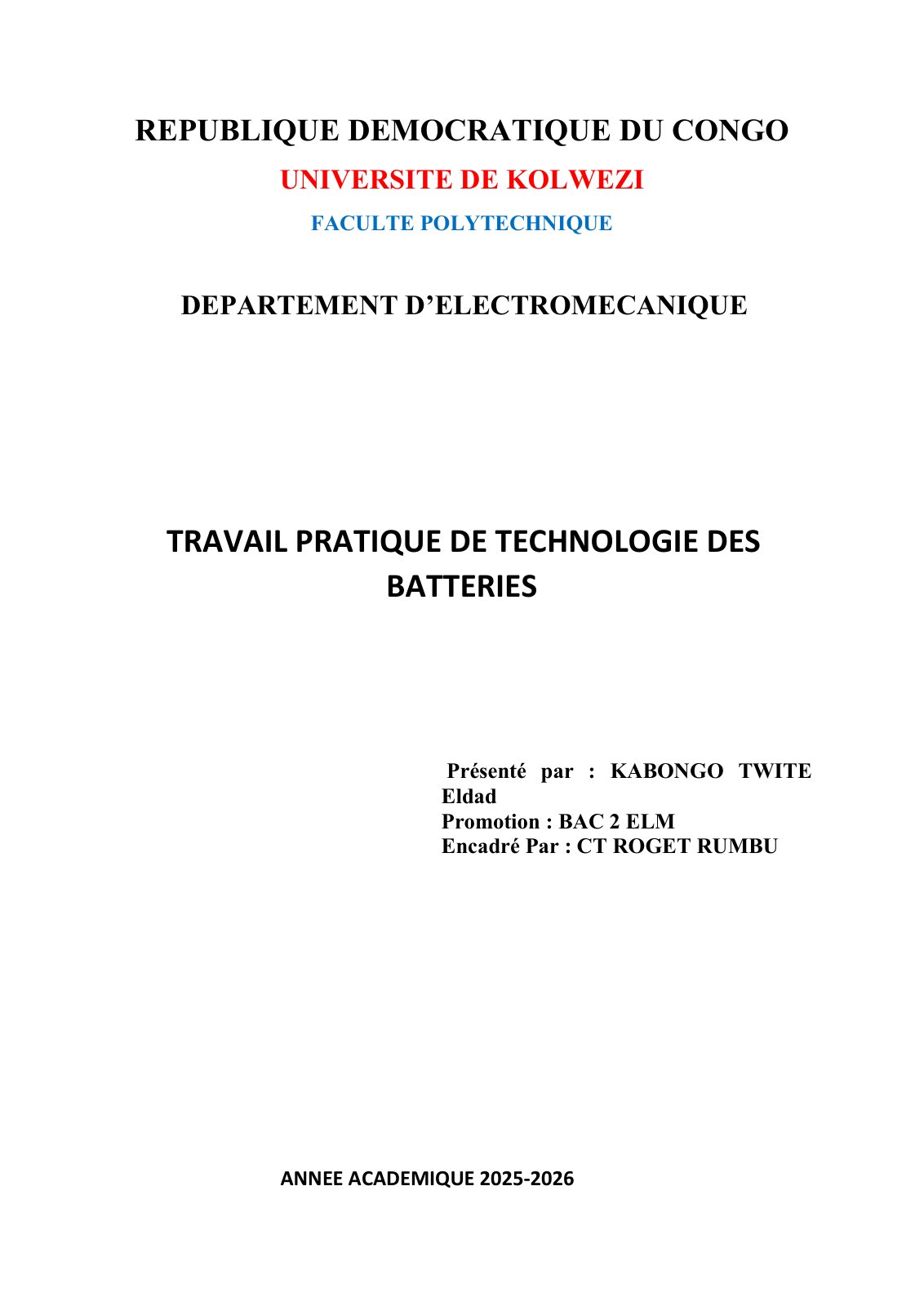 First page of TRAVAIL PRATIQUE DE TECHNOLOGIE DES BATTERIES