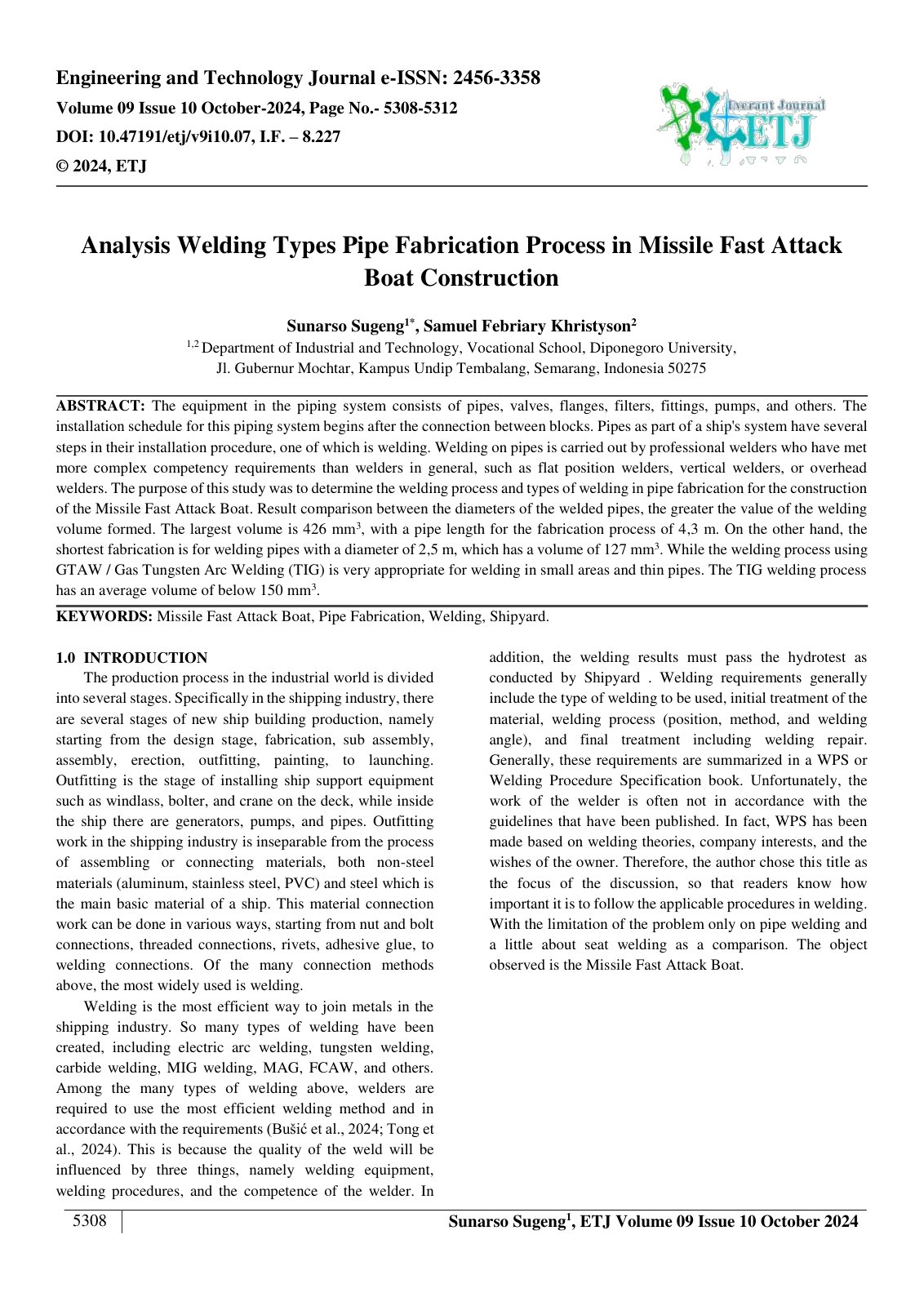 First page of Analysis Welding Types Pipe Fabrication Process in Missile Fast Attack 