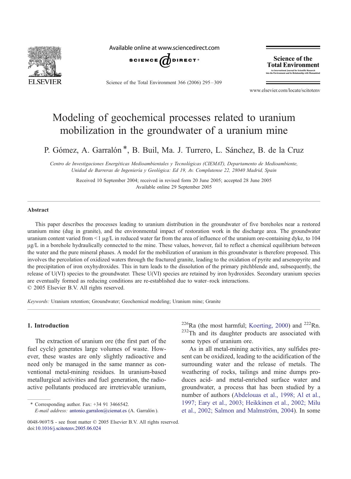 First page of Modeling of geochemical processes related to uranium mobilization in the groundwater of a uranium mine