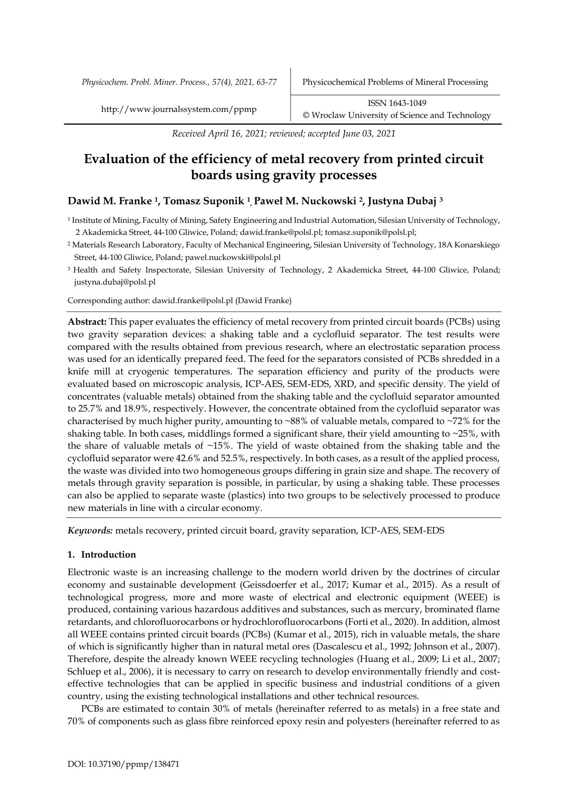 First page of Evaluation of the efficiency of metal re