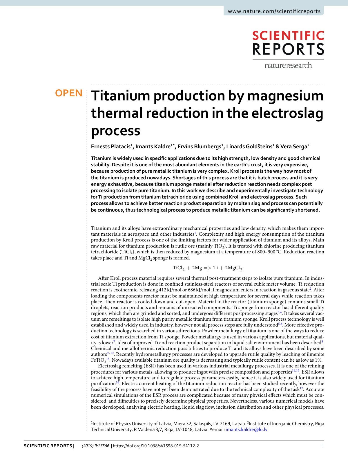 First page of Titanium production by magnesium thermal