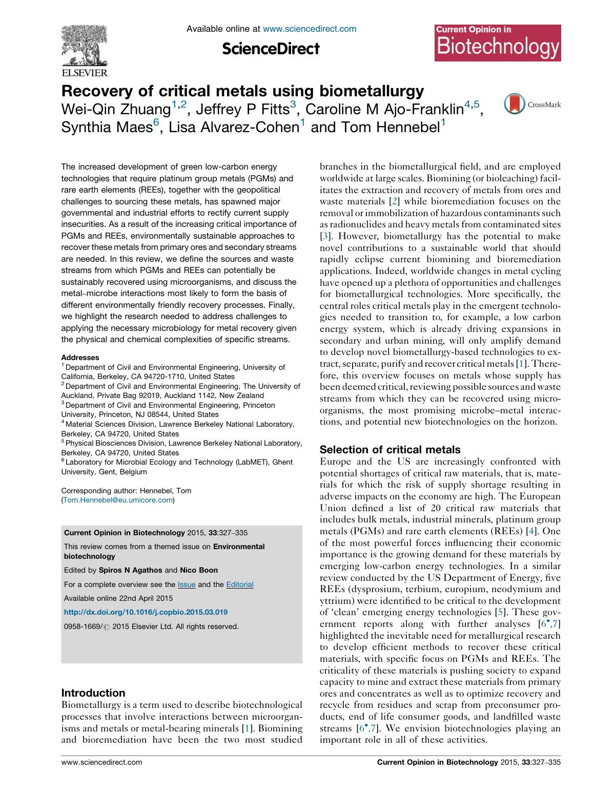 First page of Recovery of critical metals using biomet