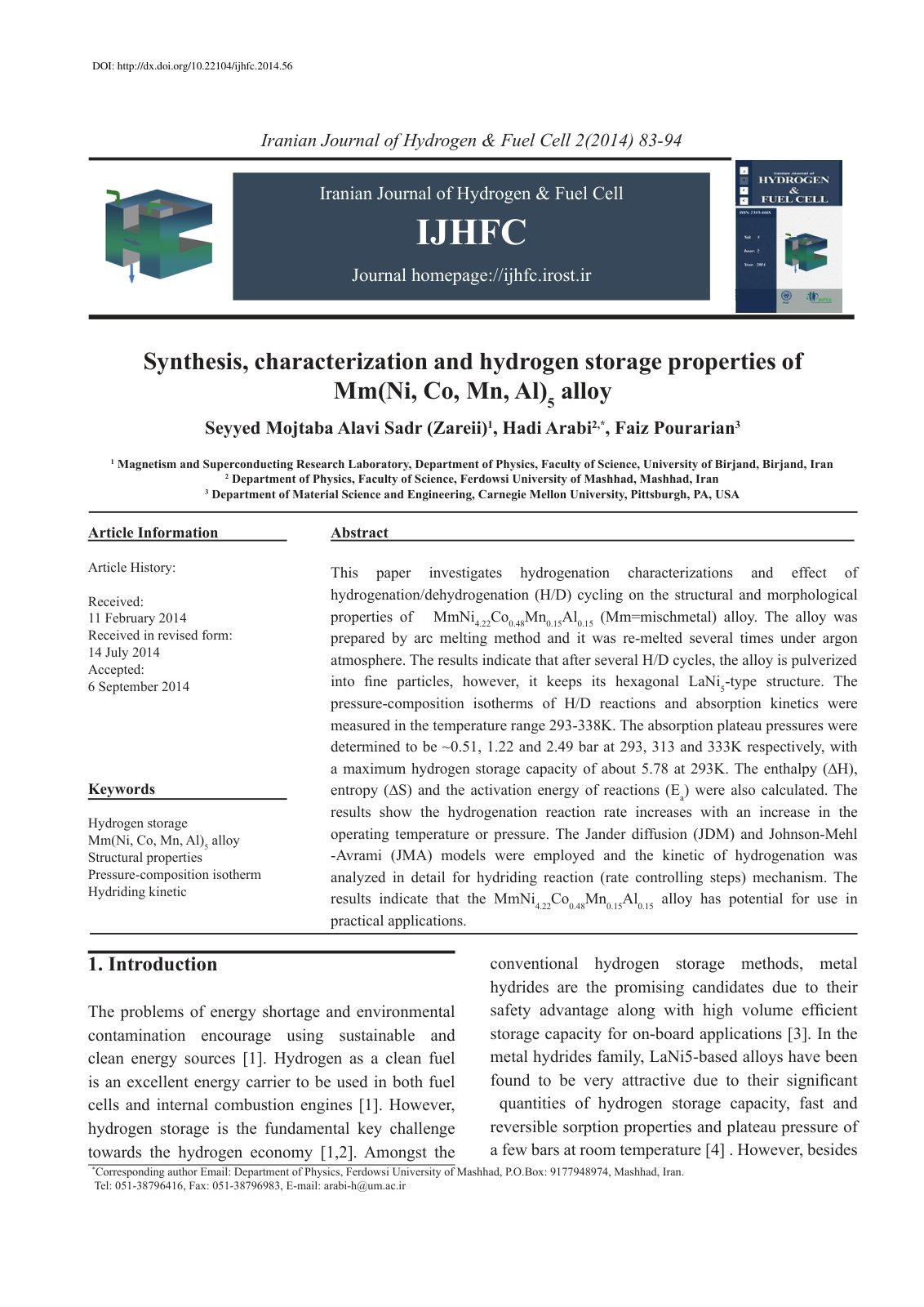 First page of Synthesis, characterization and hydrogen storage properties of Mm(Ni, Co, Mn, Al)5 alloy