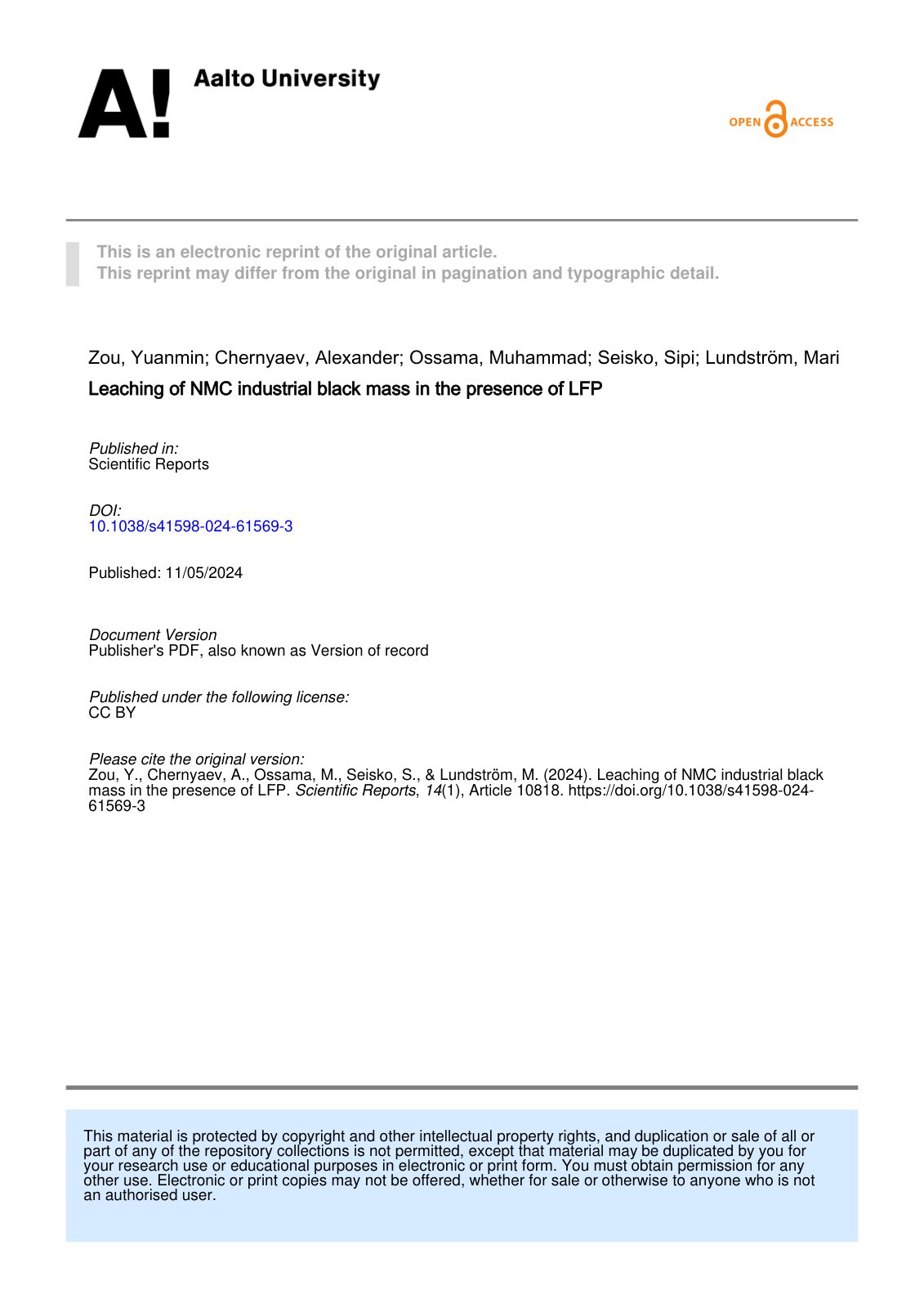 First page of 2024   Zou   NMC black mass leaching with LFP