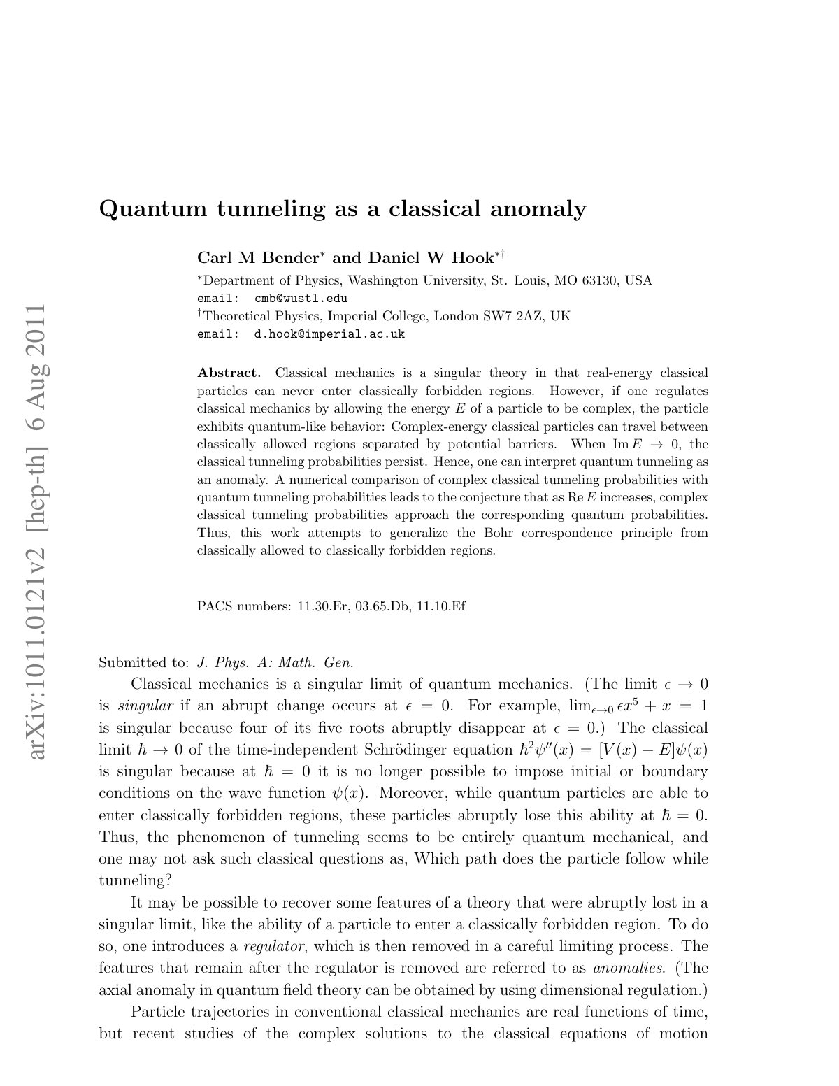 First page of Quantum tunneling as a classical anomaly