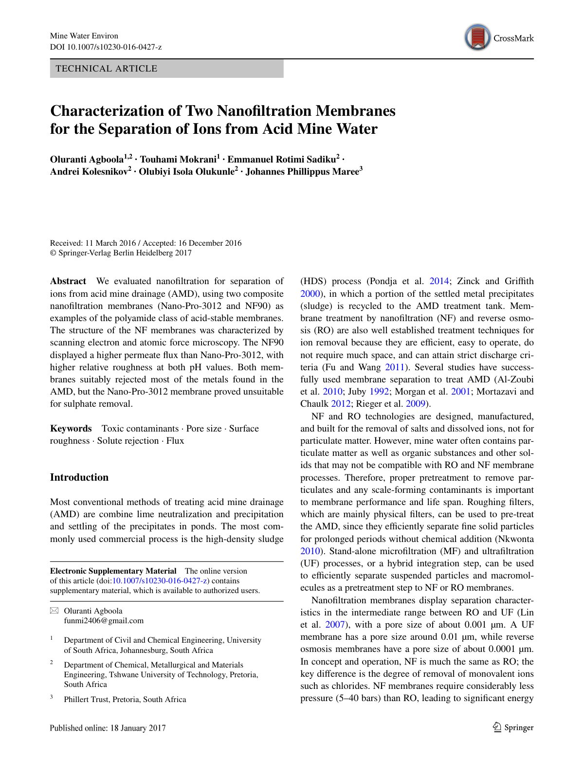 First page of Characterization of Two Nanofiltration Membranes for the Separation of Ions from Acid Mine Water