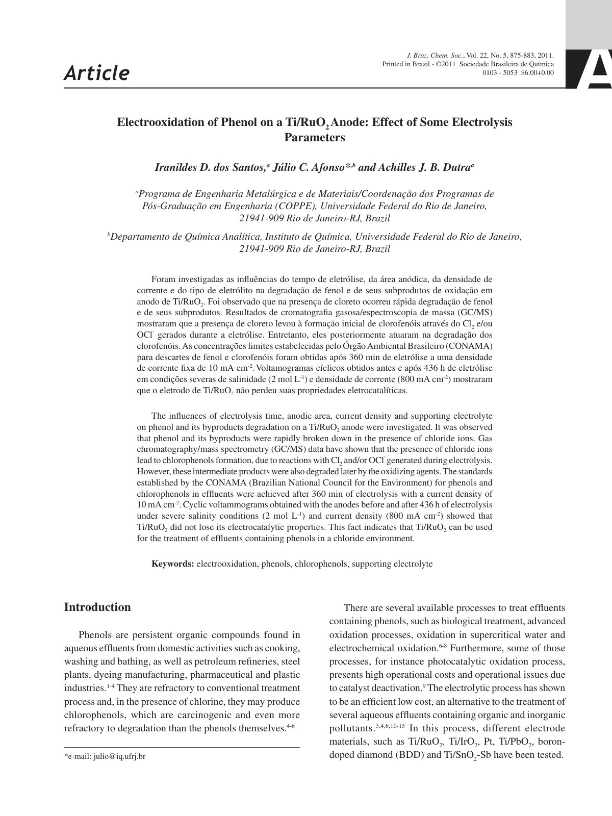 First page of Electrooxidation of Phenol on a Ti RuO2