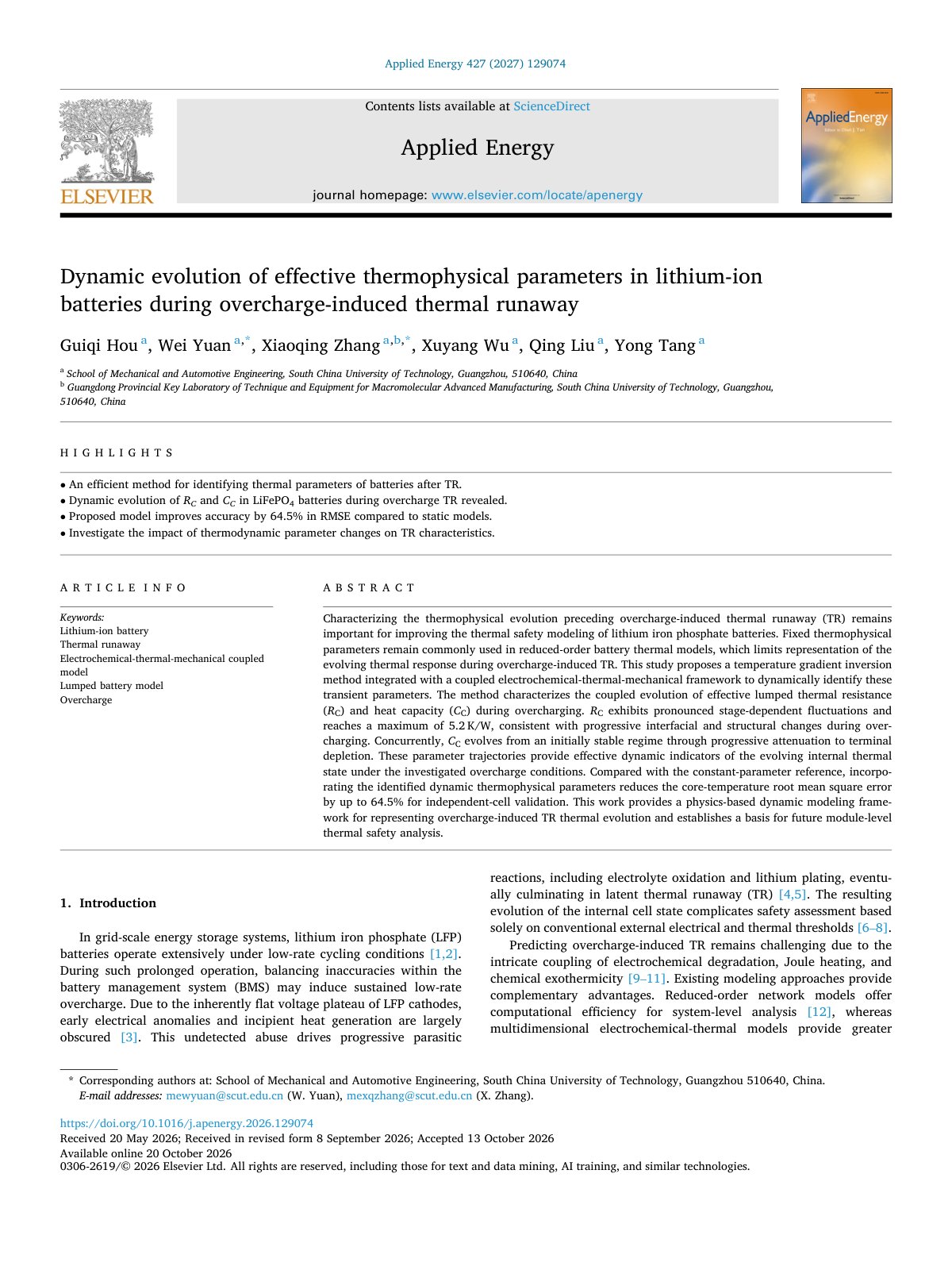 First page of Dynamic evolution of effective thermophysical parameters in lit 2027 Applied