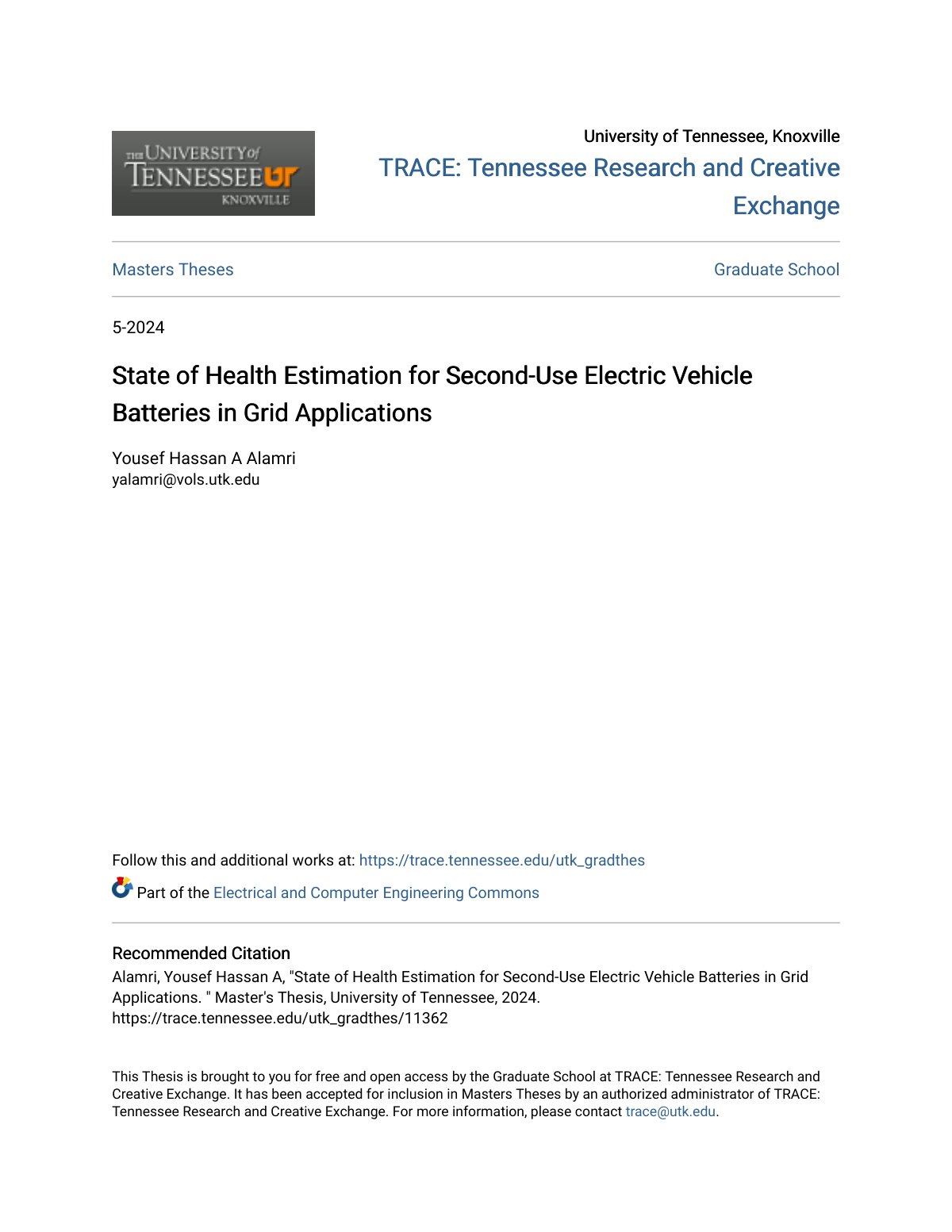 First page of State of Health Estimation for Second-Use Electric Vehicle Batteries in Grid Applications