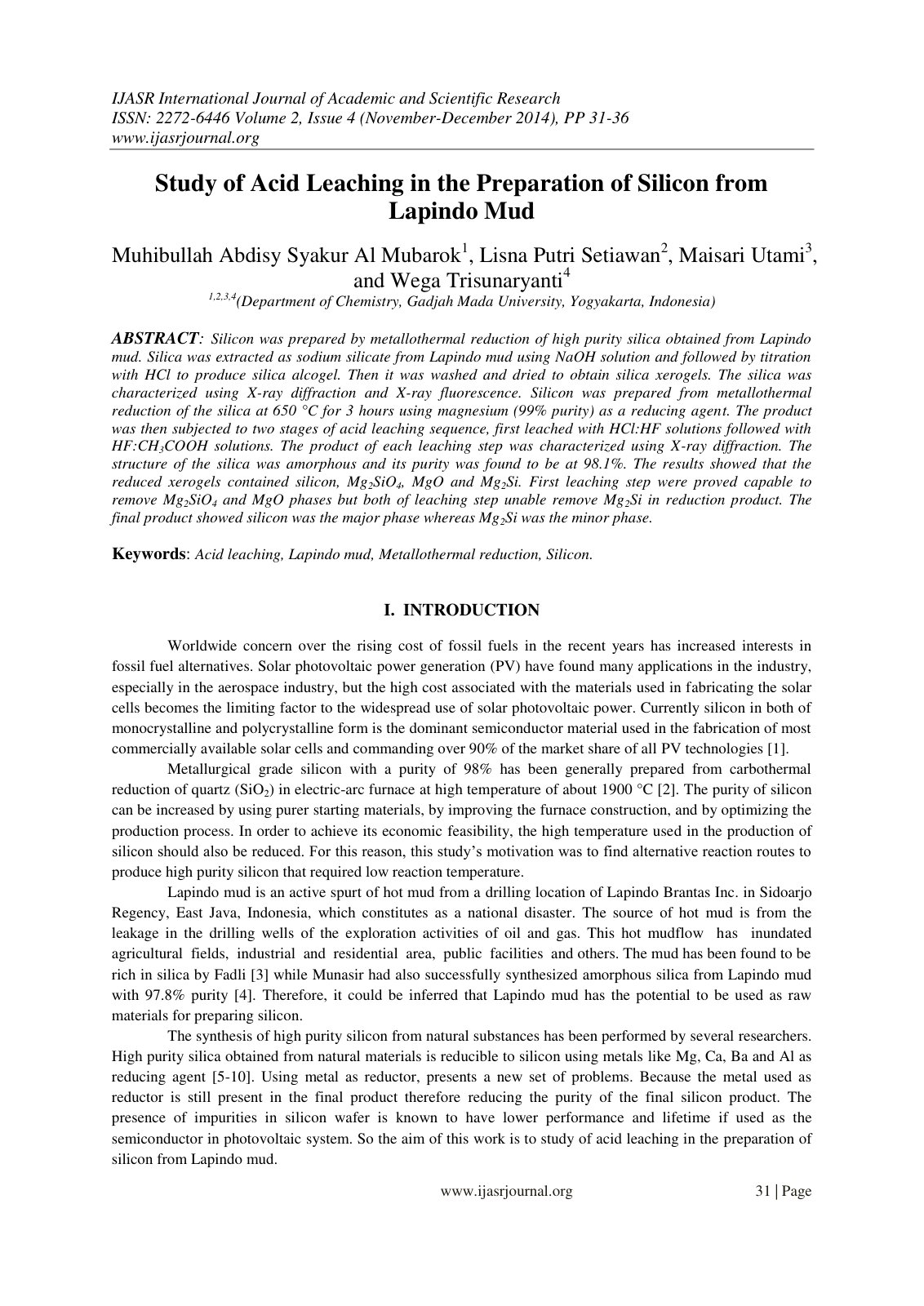 First page of Study of Acid Leaching in the Preparation of Silicon from Lapindo Mud