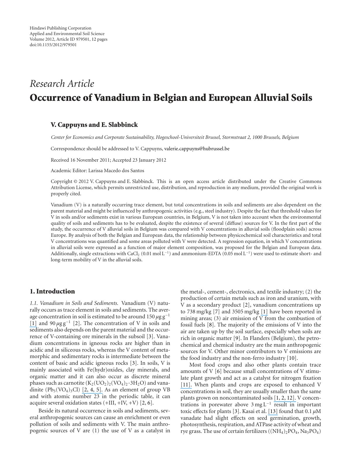 First page of Occurrence of Vanadium in Belgian and eu