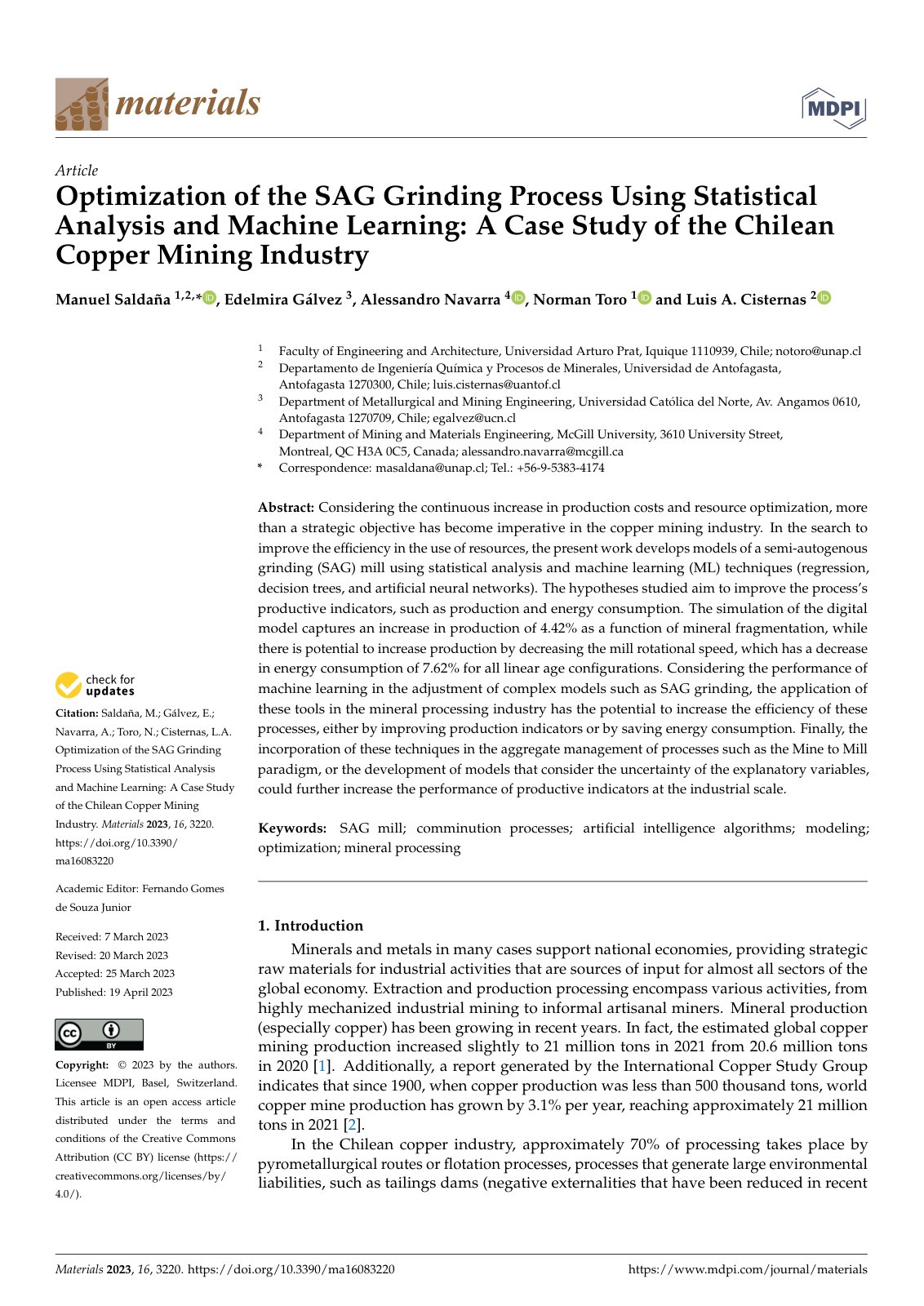 First page of Optimization of the SAG Grinding Process Using Statistical Analysis and Machine Learning: A Case Study of the Chilean Copper Mining Industry