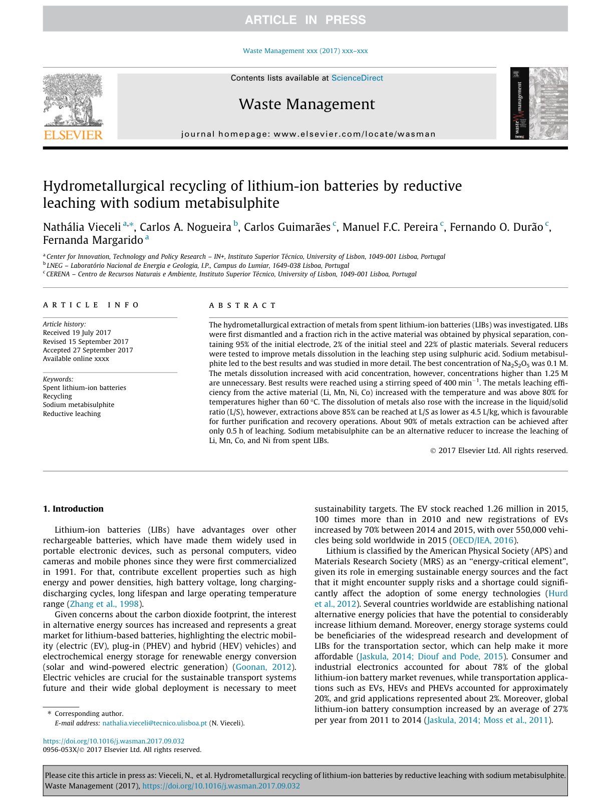 First page of Hydrometallurgical Recycling of Lithium