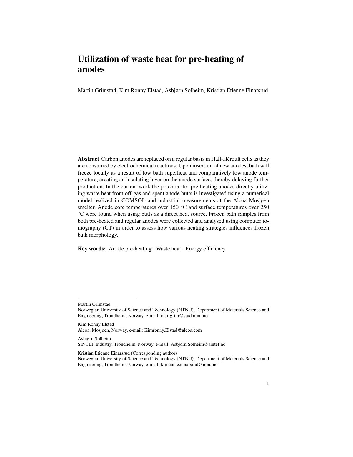 First page of Utilization of waste heat for pre-heating of anodes