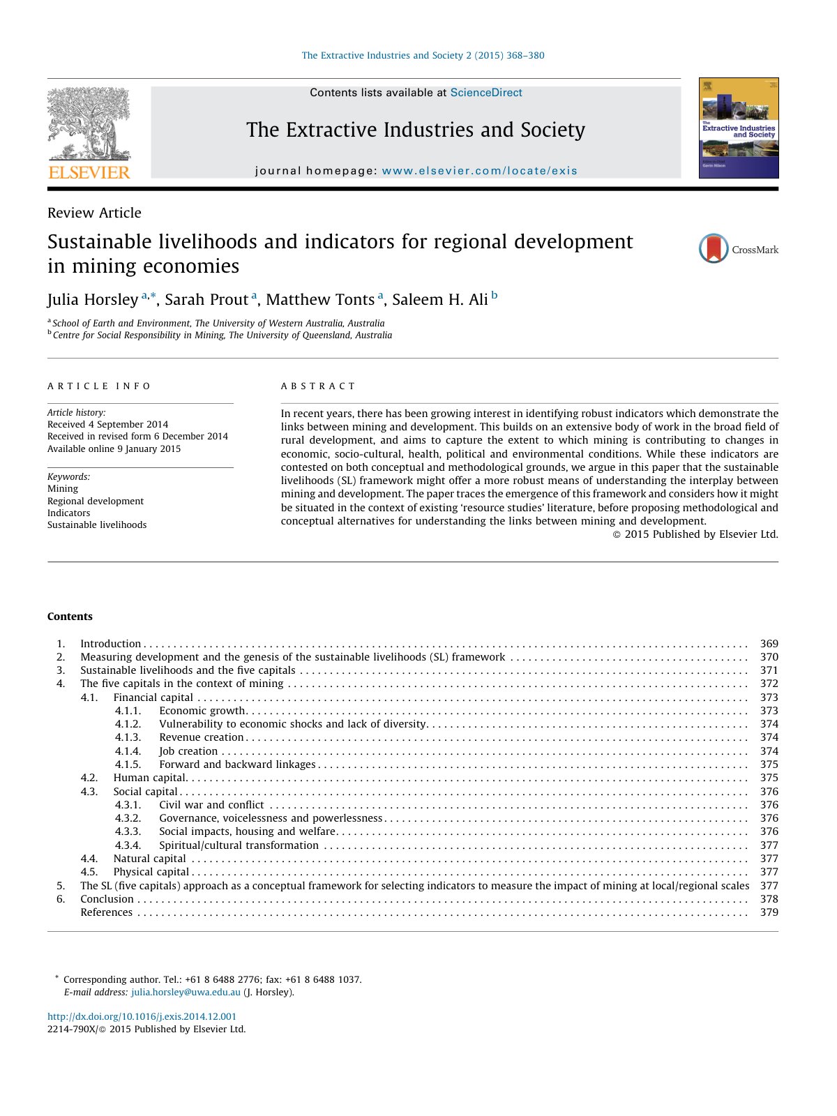 First page of Sustainable livelihoods and indicators f