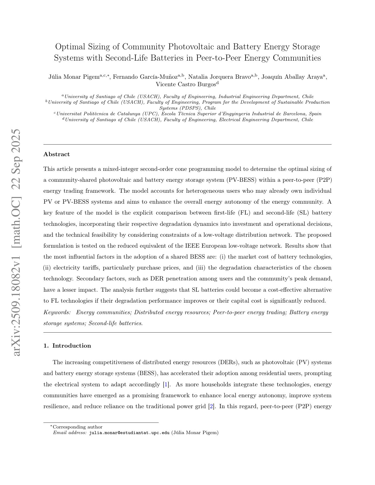 First page of Optimal Sizing of Community Photovoltaic and Battery Energy Storage Systems with Second-Life Batteries in Peer-to-Peer Energy Communities