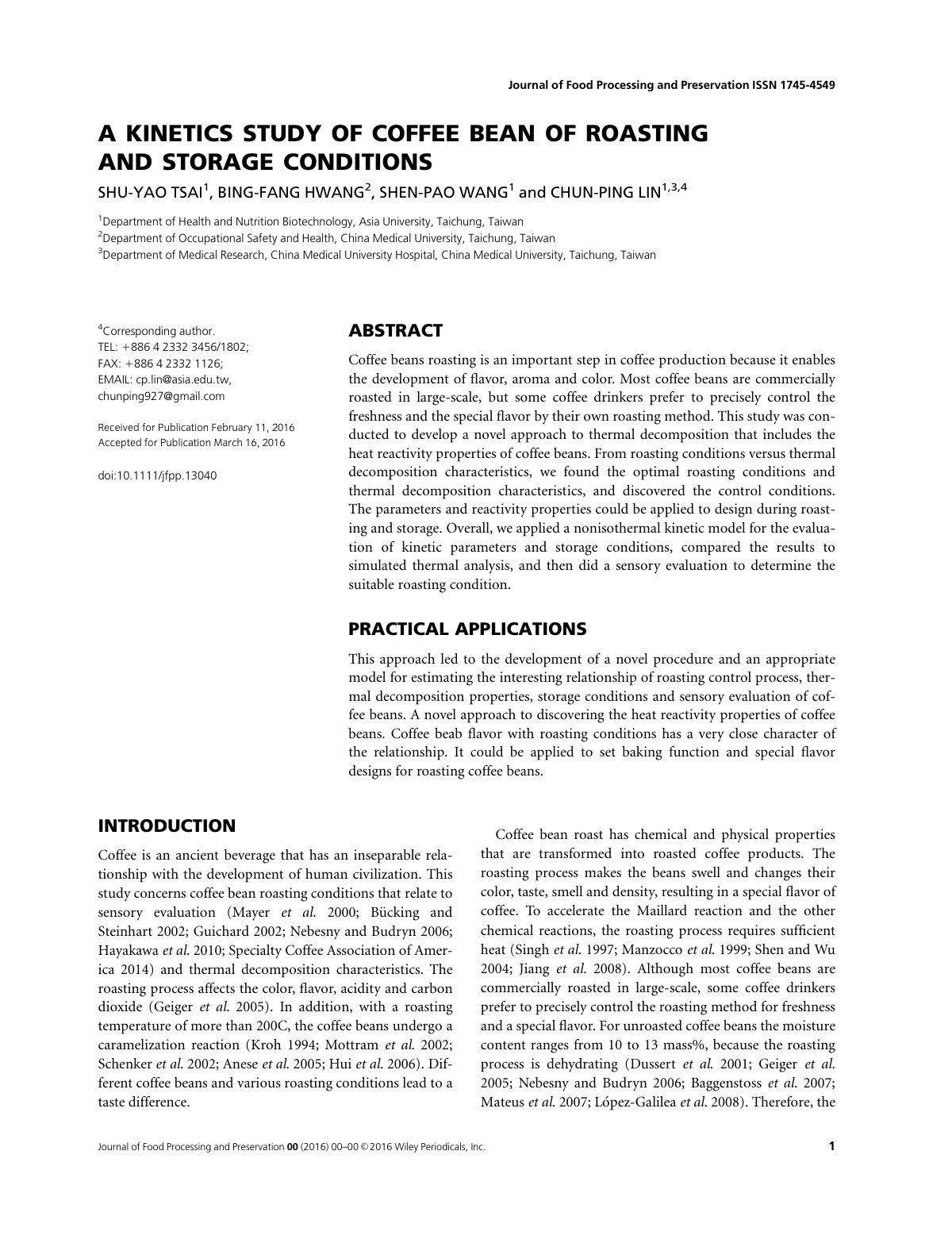 First page of A KINETICS STUDY OF COFFEE BEAN OF ROASTING AND STORAGE CONDITIONS