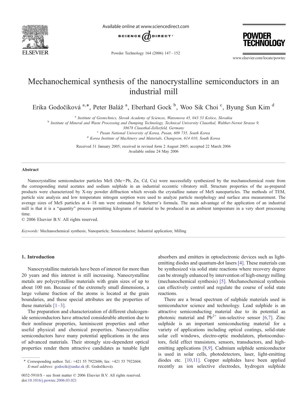 First page of Mechanochemical synthesis of the nanocrystalline semiconductors in an industrial mill