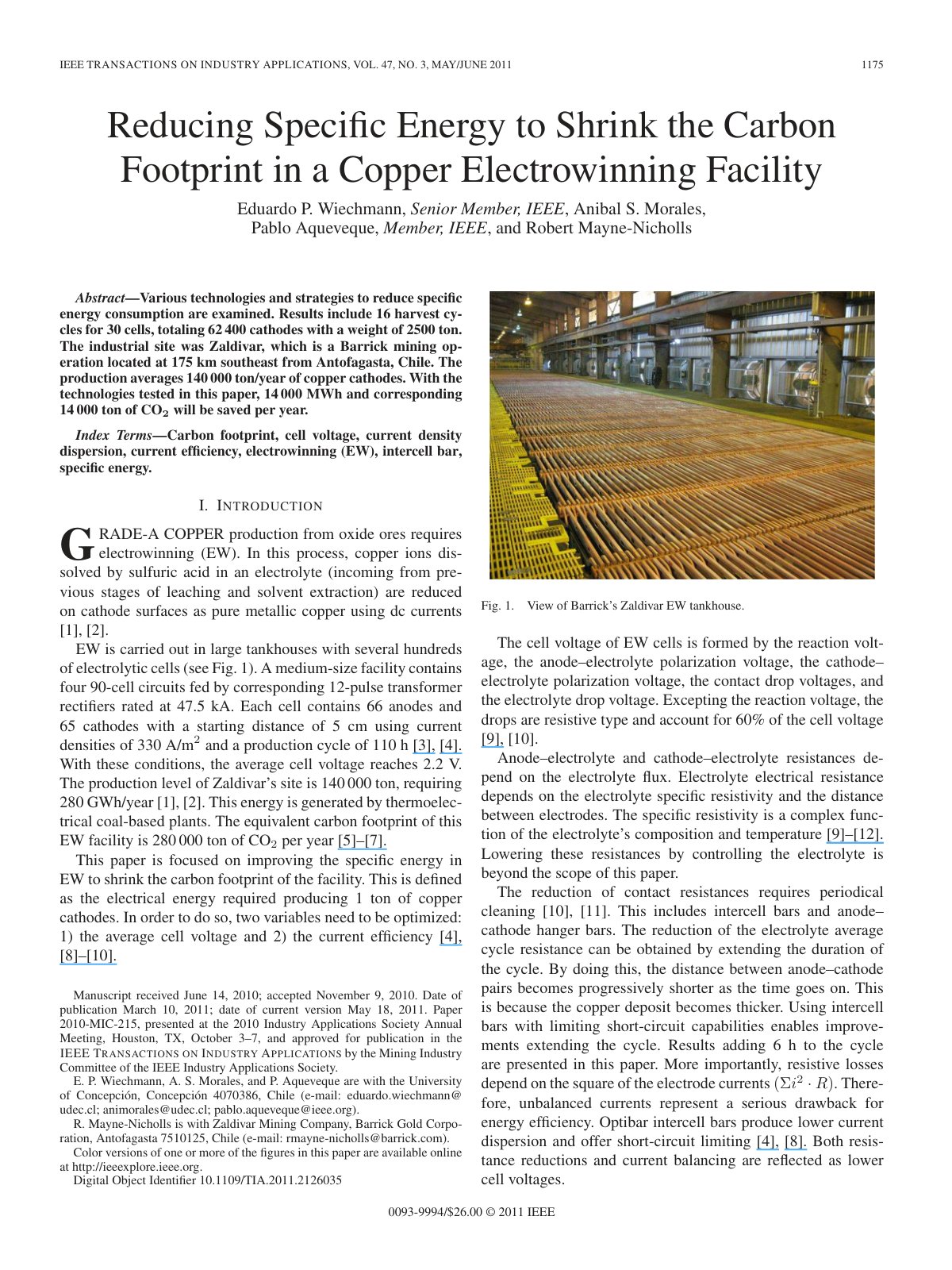 First page of Reducing Specific Energy to Shrink the Carbon Footprint in a Copper Electrowinning Facility