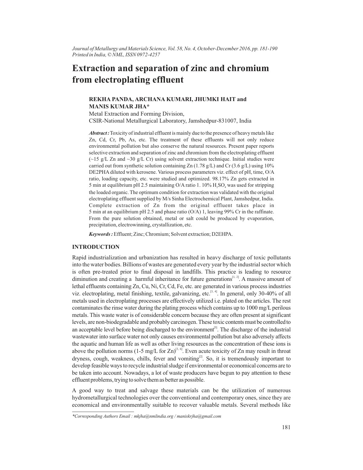 First page of Extraction and separation of zinc and ch